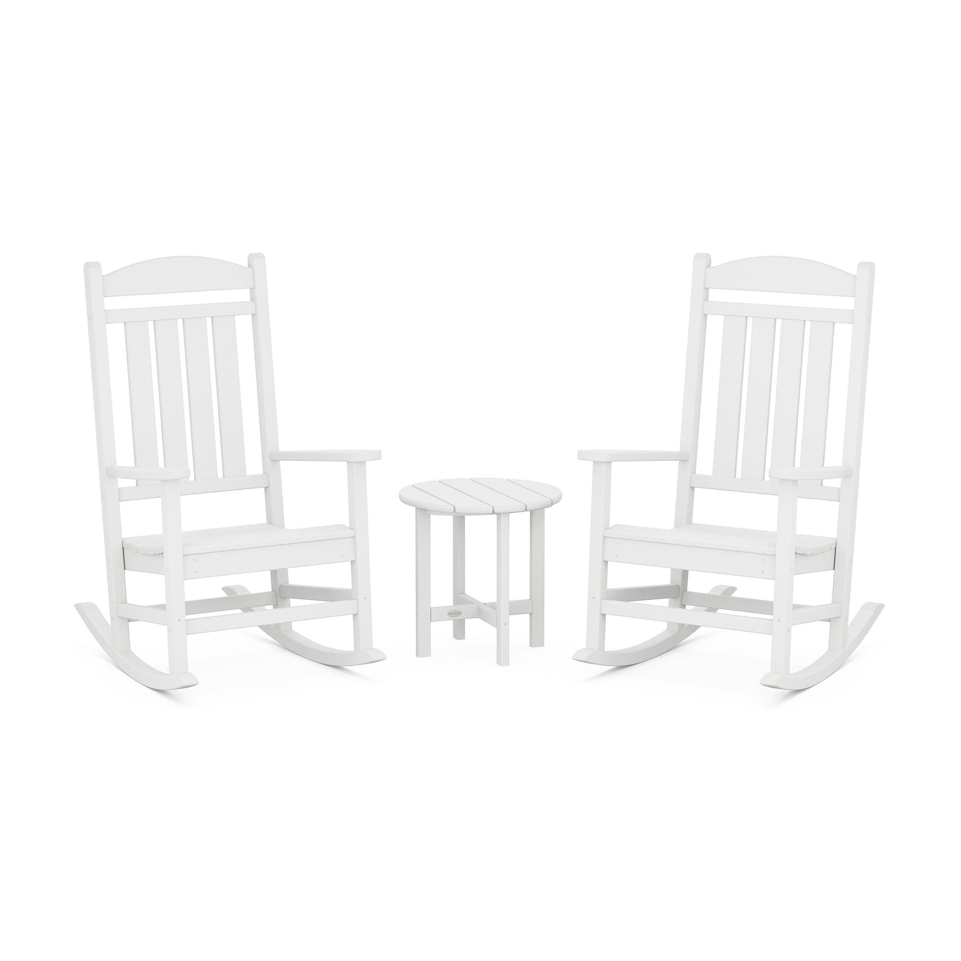 White wooden POLYWOOD Presidential Rocker Set featuring two outdoor rocking chairs and a small round table.