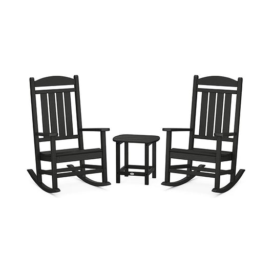 Two black Presidential Outdoor Rocking Chairs and a small matching stool from POLYWOOD® on a white background.