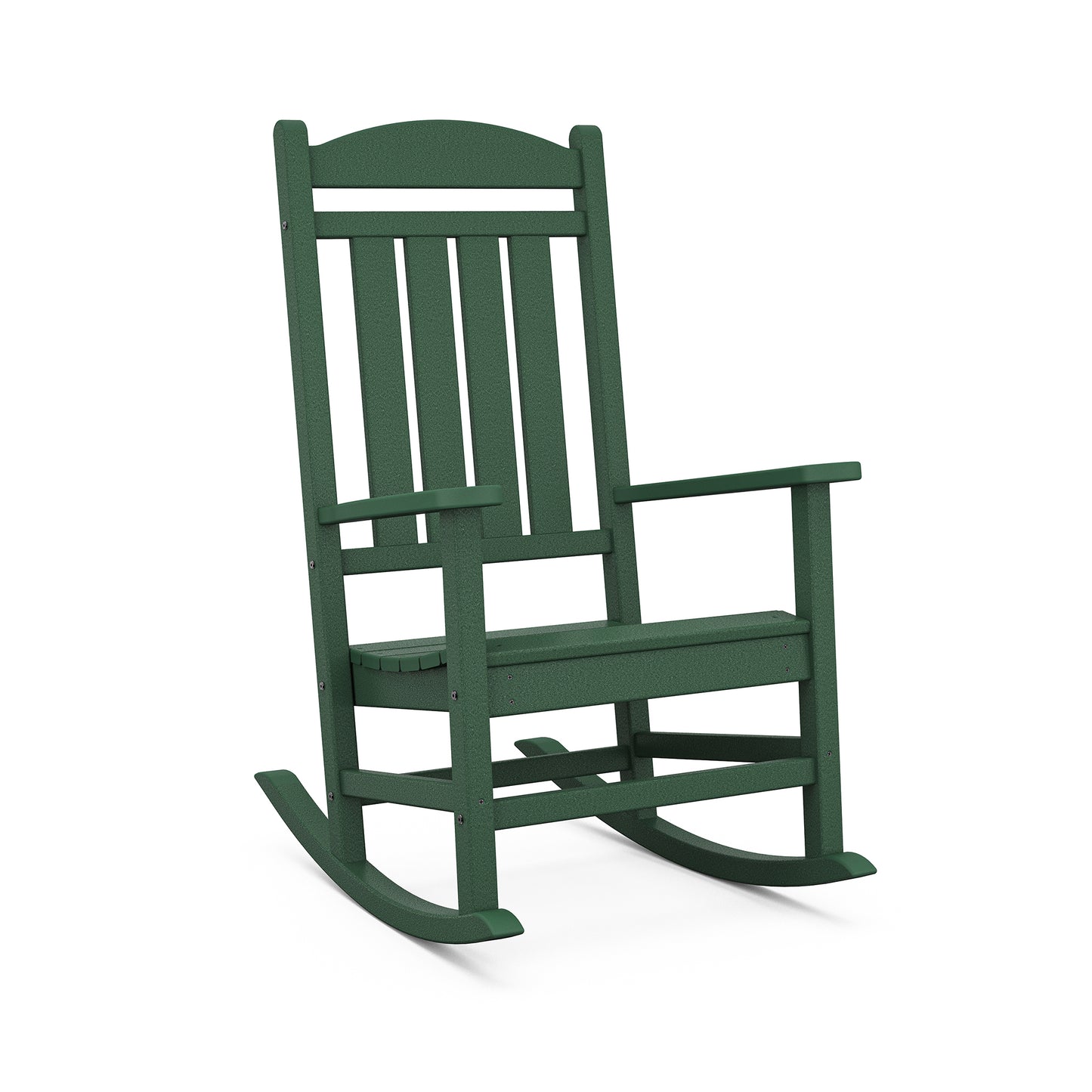 Green POLYWOOD Presidential Outdoor Rocking Chair with slatted back and seat.