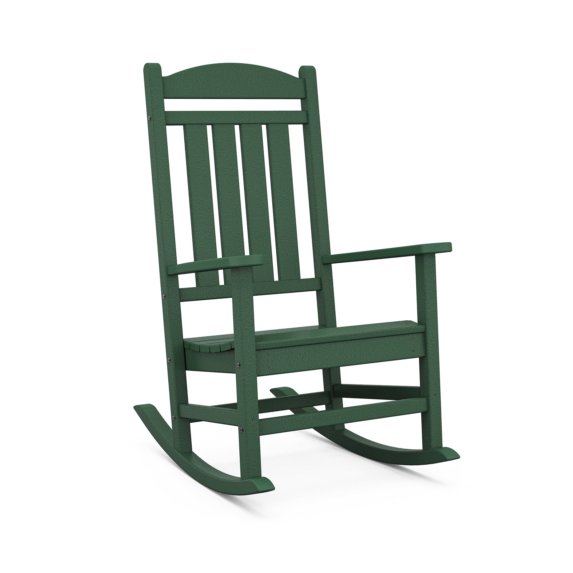 Green POLYWOOD Presidential Outdoor Rocking Chair with slatted back and seat.