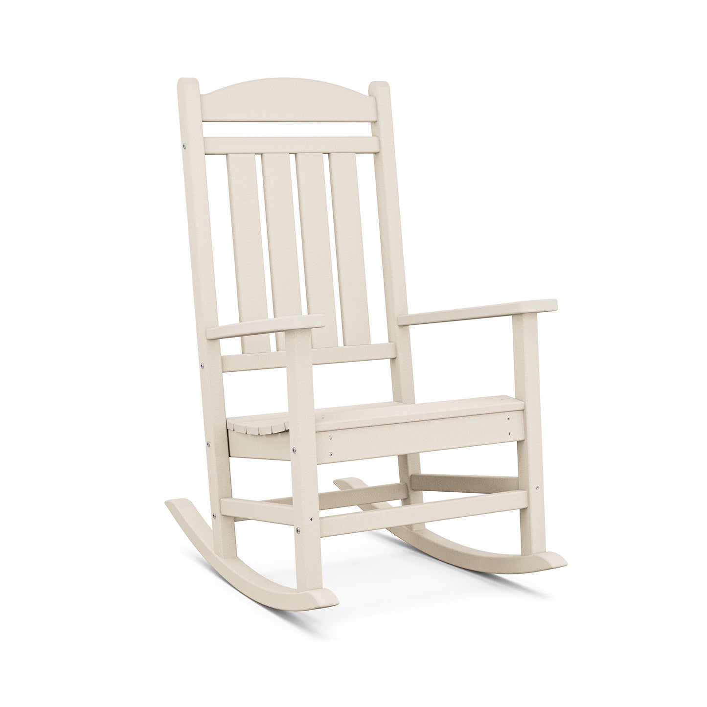 Light cream POLYWOOD Presidential Rocking Chair with slatted backrest, designed for weather resistance.