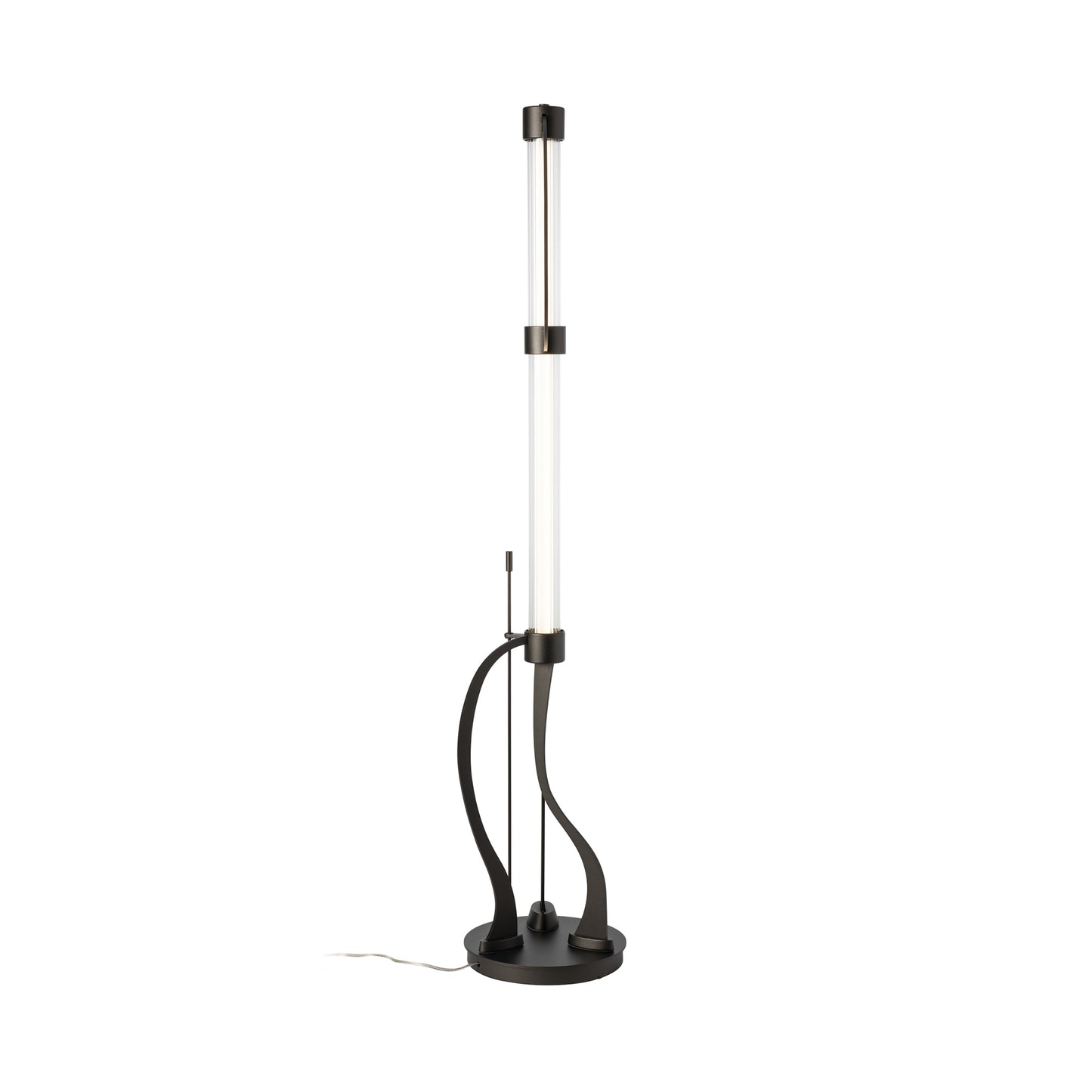 Modern Hubbardton Forge Pulse Floor Lamp with cylindrical LED tube, black base, and adjustable rods for sleek design.