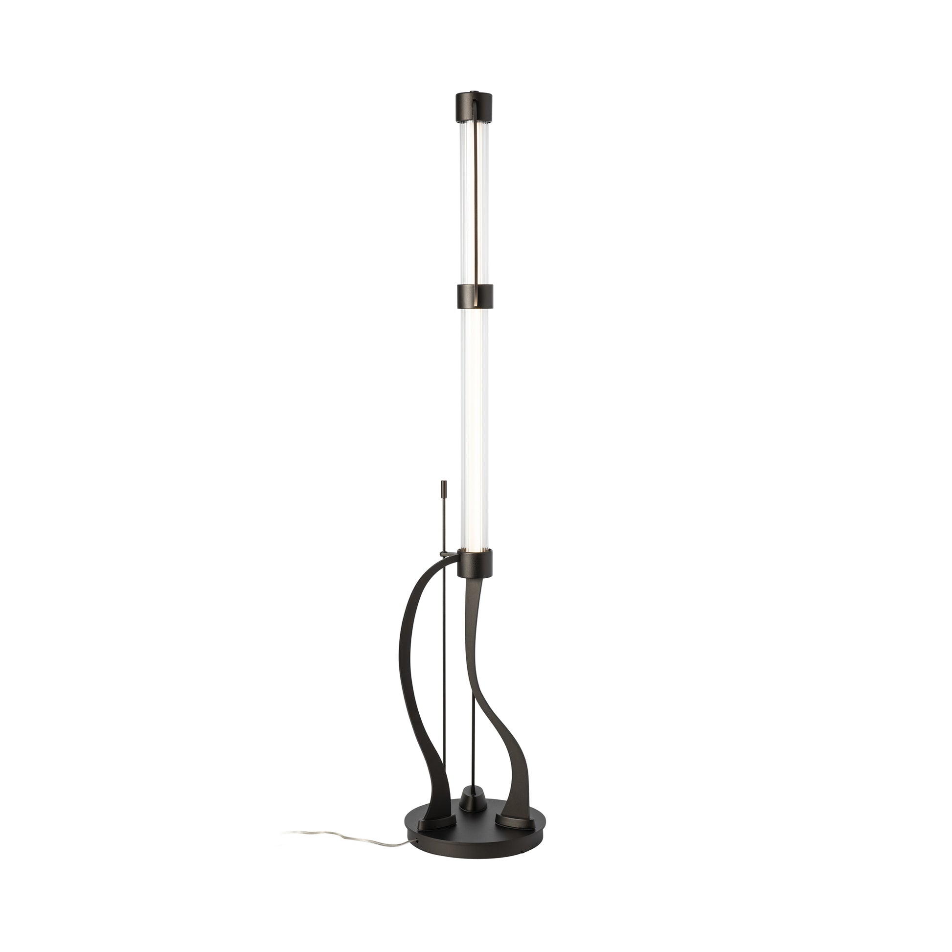 Modern Hubbardton Forge Pulse Floor Lamp with cylindrical LED tube, black base, and adjustable rods for sleek design.