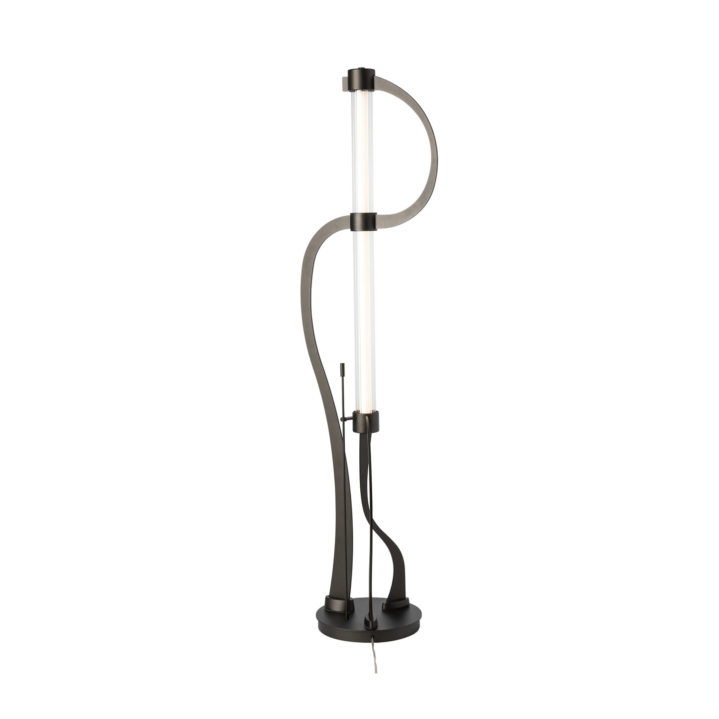 Tall slim Pulse Floor Lamp by Hubbardton Forge with a spiral metal frame and vertical LED tube, set on a round base.
