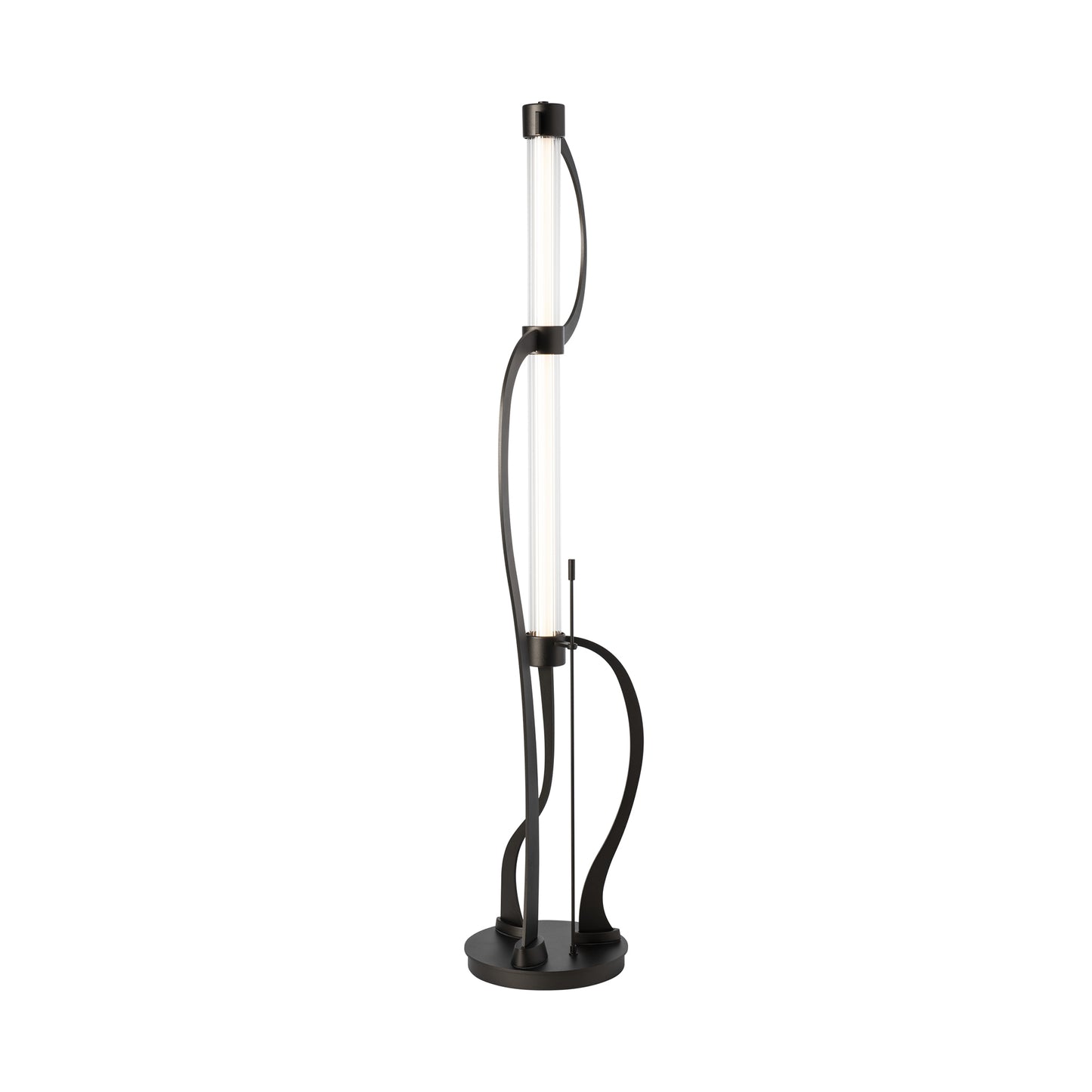 Pulse Floor Lamp with modern vertical design, LED tube, and curved black metal structure on a round base by Hubbardton Forge.