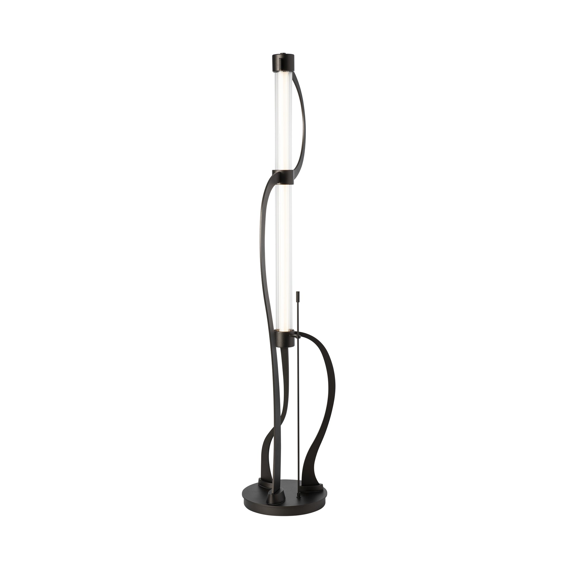 Pulse Floor Lamp with modern vertical design, LED tube, and curved black metal structure on a round base by Hubbardton Forge.