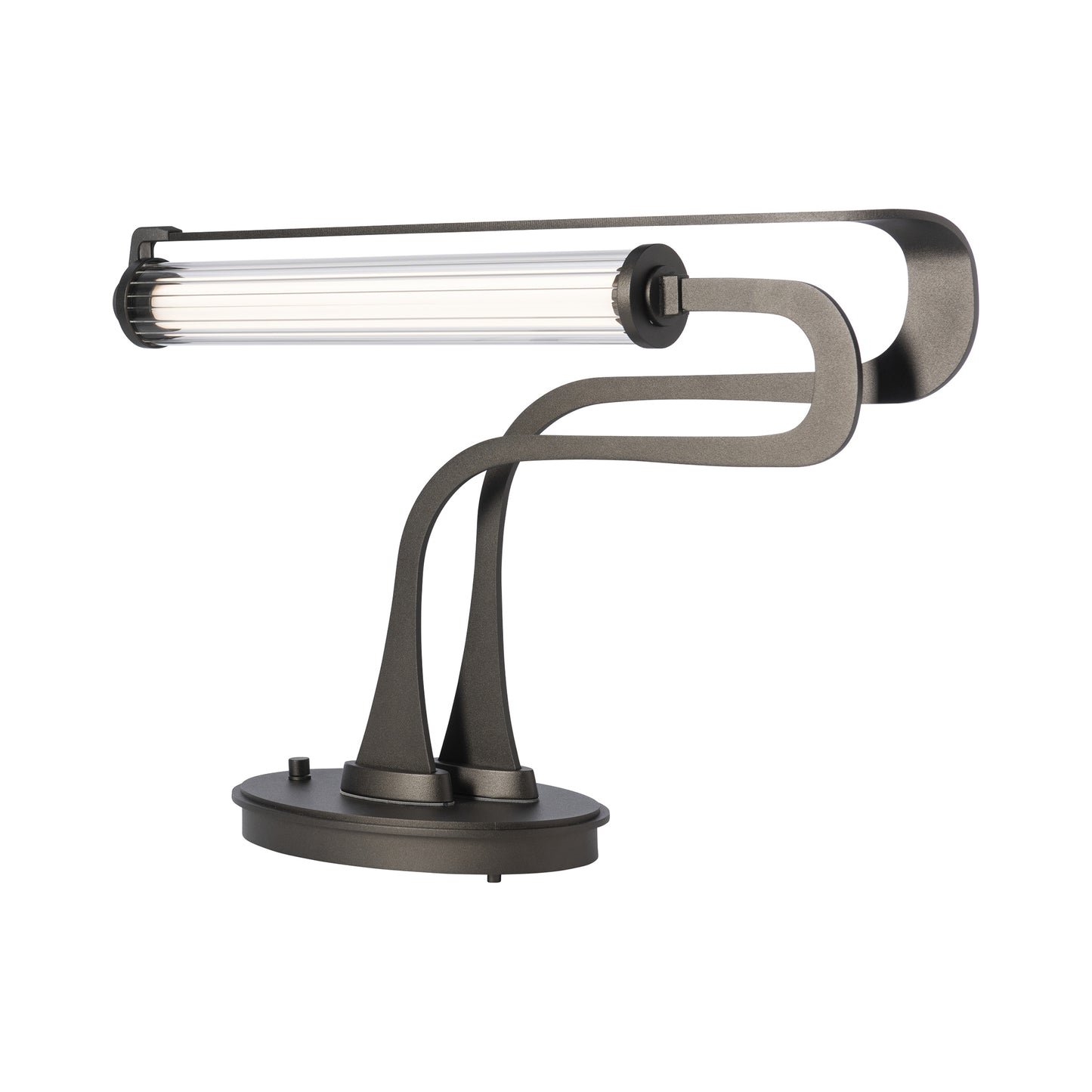 Pulse Table Lamp by Hubbardton Forge with minimalist design, featuring a curved metal frame and elongated fixture.