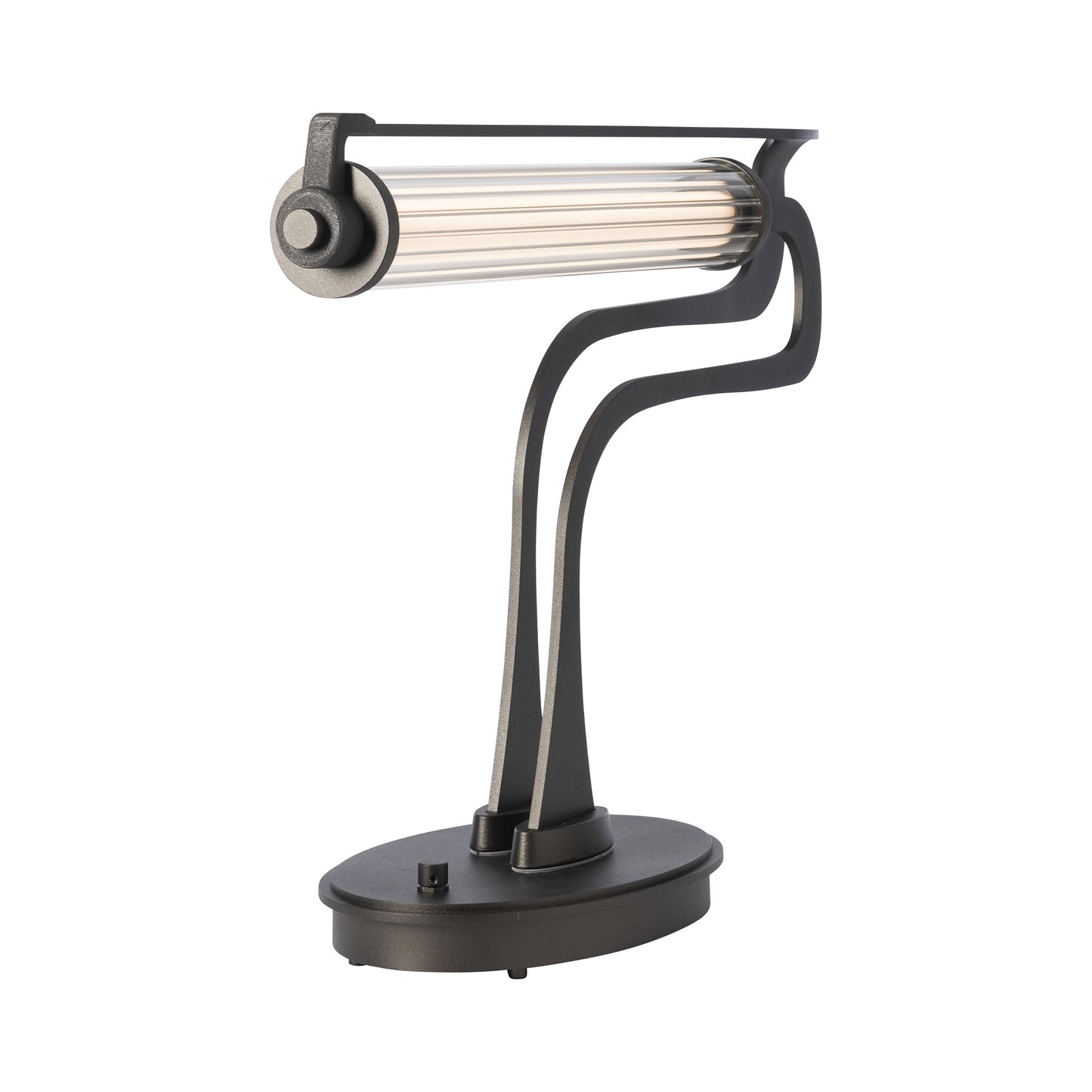 Modern black Hubbardton Forge Pulse Table Lamp with cylindrical light tube and curved stand on an oval base.