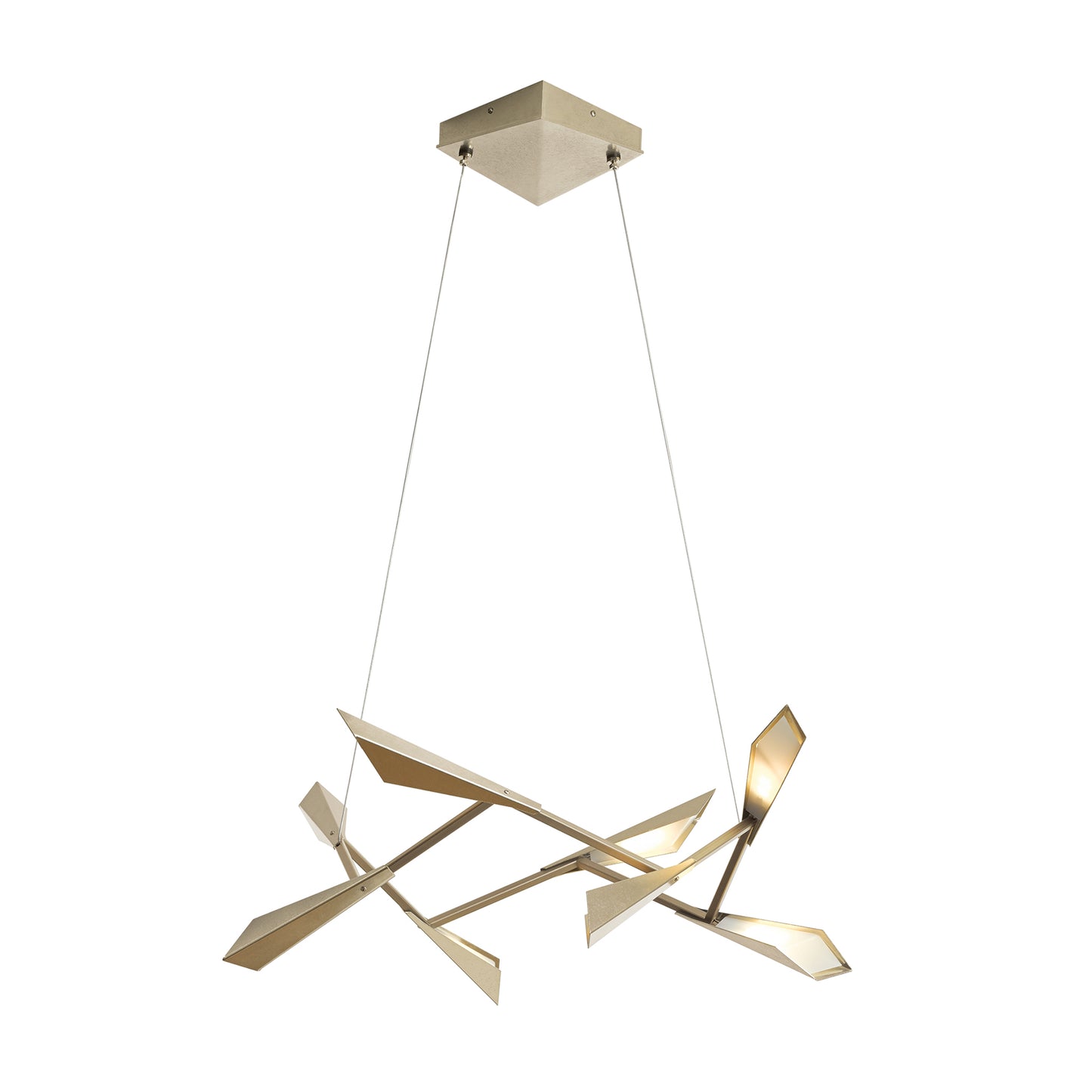 Modern abstract Quill Pendant chandelier by Hubbardton Forge featuring angular metallic shapes and integrated LED lights.