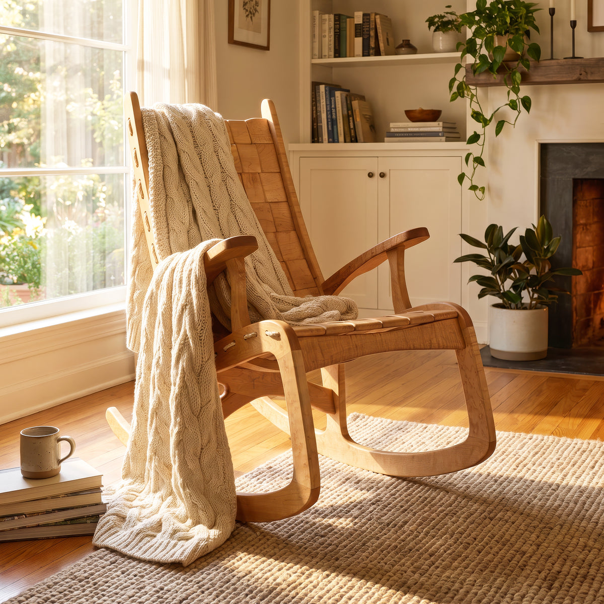 Quilted Vermont Birdseye Maple rocking chair featuring a woven wood back, styled with a cream knit throw blanket.