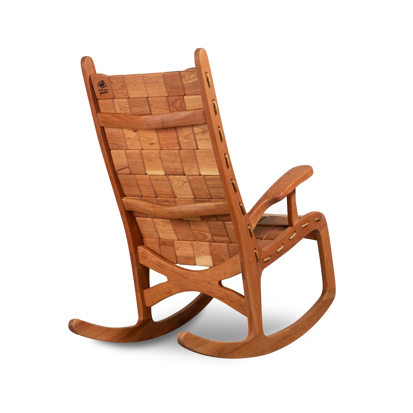 Vermont Folk Rocker Special Order (Riceharden) Quilted Rocking Chair, shown from a rear angle to highlight craftsmanship and unique wood detailing.