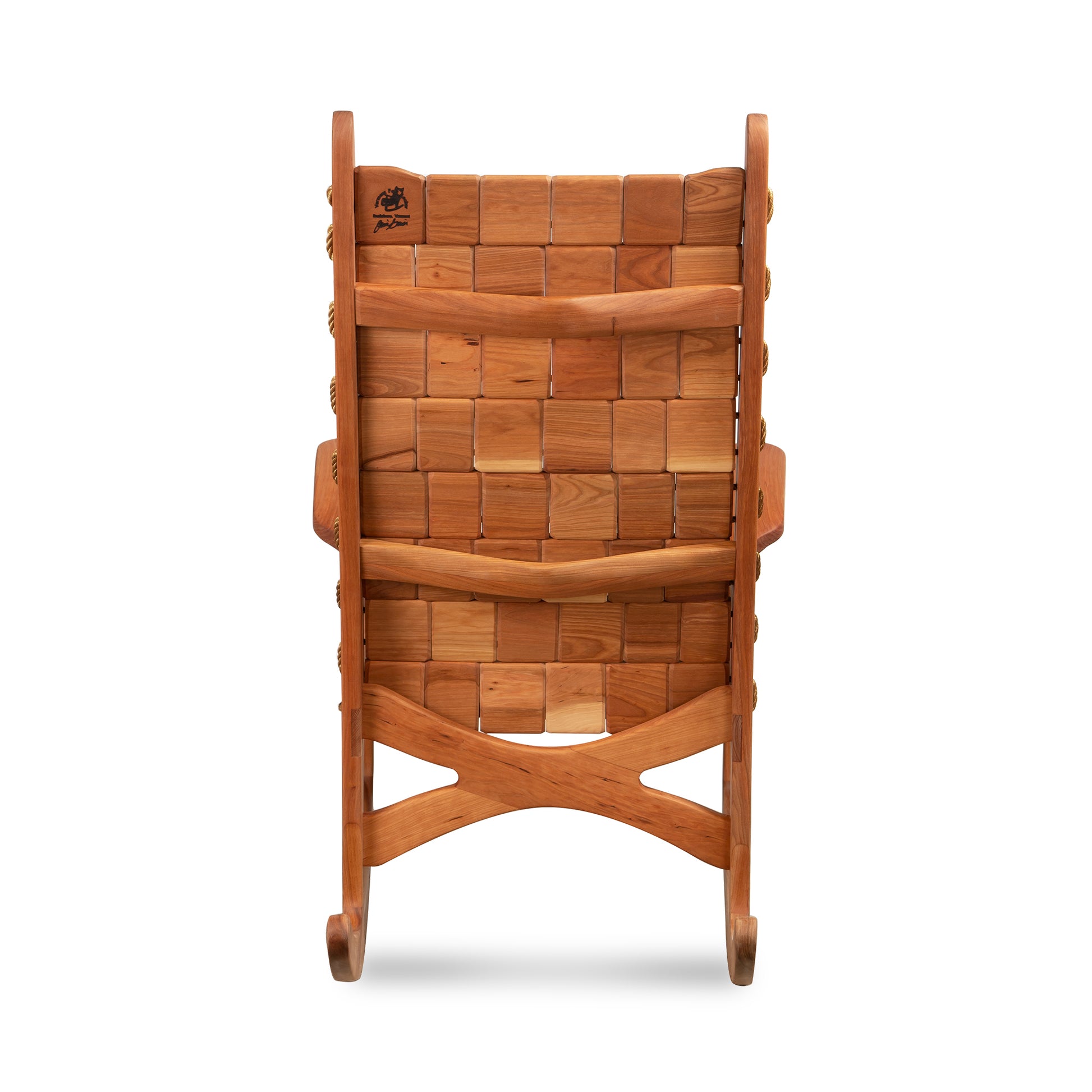 Back view of the Vermont Folk Rocker Special Order Quilted Vermont Rocking Chair, handcrafted from solid wood, showcasing elegant craftsmanship.