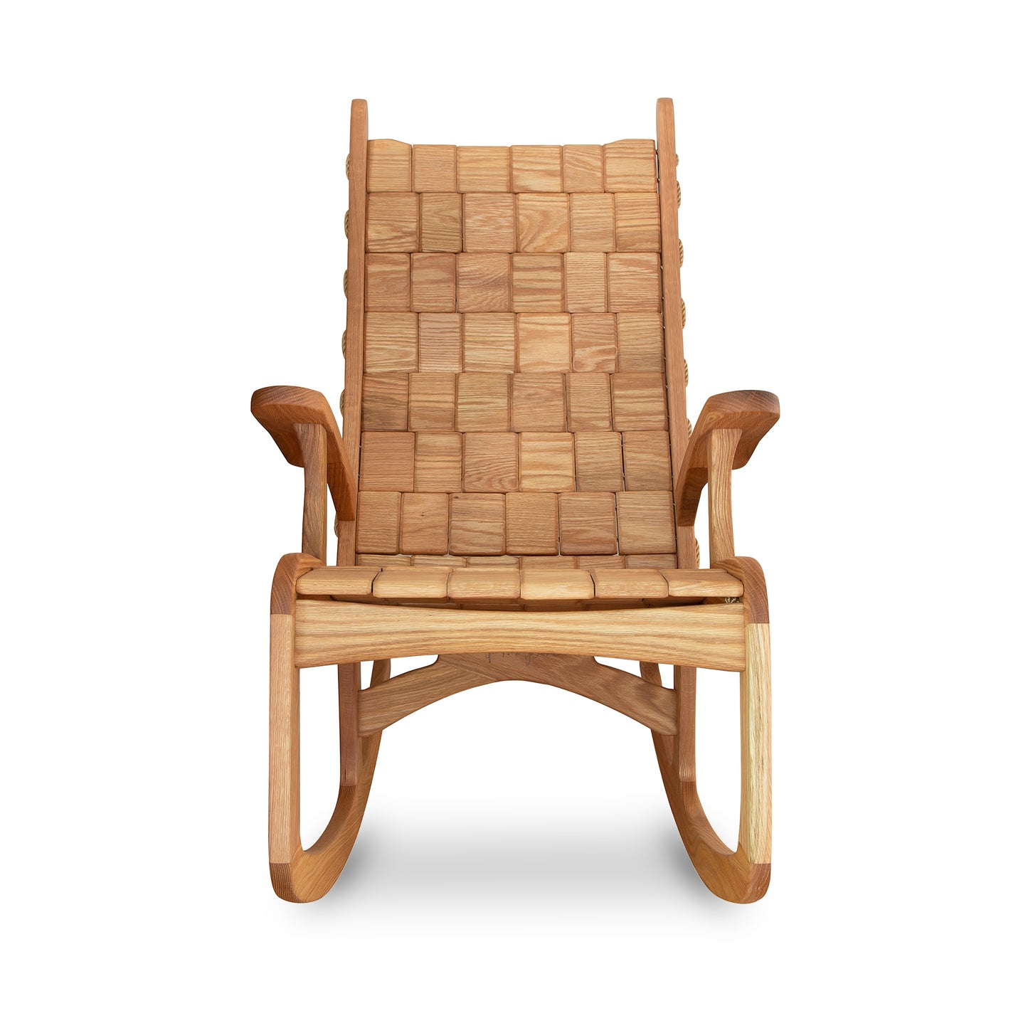 A Quilted Vermont Oak Rocking Chair by Vermont Folk Rocker with a woven seat and backrest, featuring curved armrests and a sturdy frame, isolated on a white background.