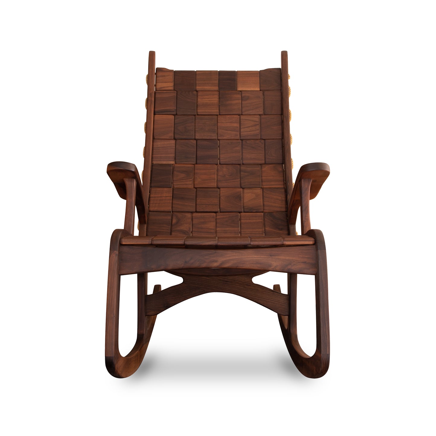 Quilted Vermont Walnut Rocking Chair featuring a woven seat and backrest.