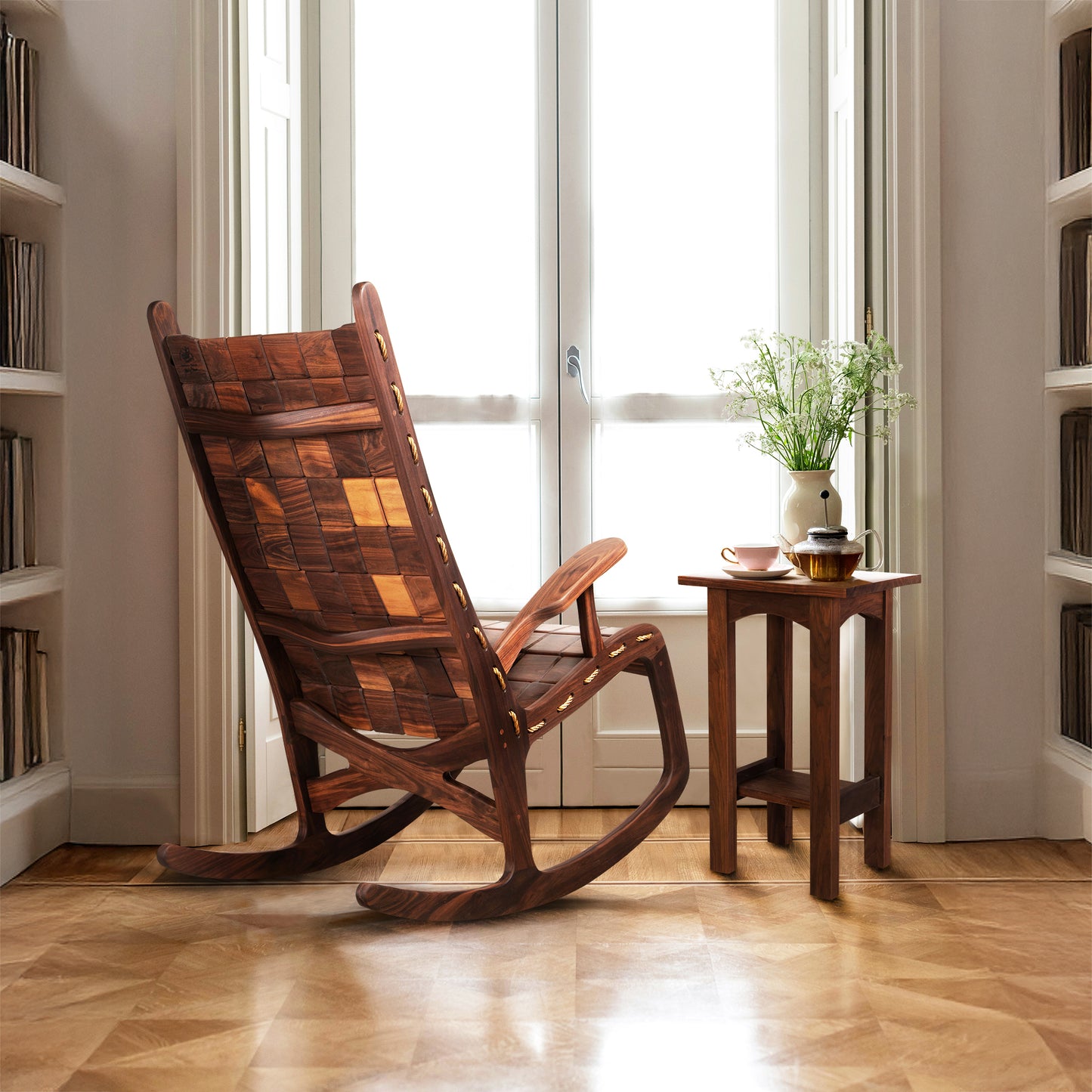 Quilted Vermont Walnut Rocking Chair by Vermont Folk Rocker showcasing elegant craftsmanship in rich walnut wood.