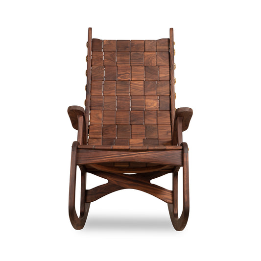 Quilted Vermont Tall/Wide Rocking Chair by Vermont Folk Rocker showcasing a woven backrest, seat, curved armrests, and sturdy walnut frame.