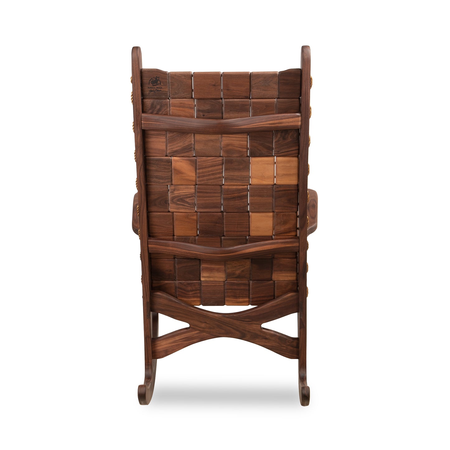 Vermont Folk Rocker Quilted Vermont Walnut rocking chair with woven backrest and crossbar, showcasing elegant craftsmanship and design.