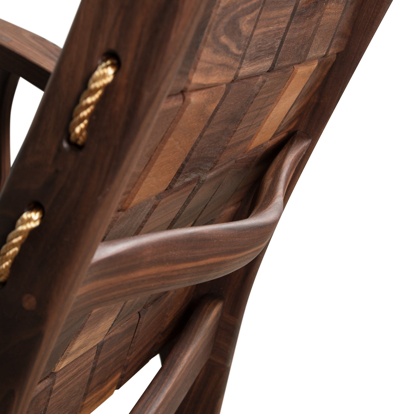 Quilted Vermont Walnut Rocking Chair, Shaker Style back, brown planks, curved armrest, golden rope sides by Vermont Folk Rocker.