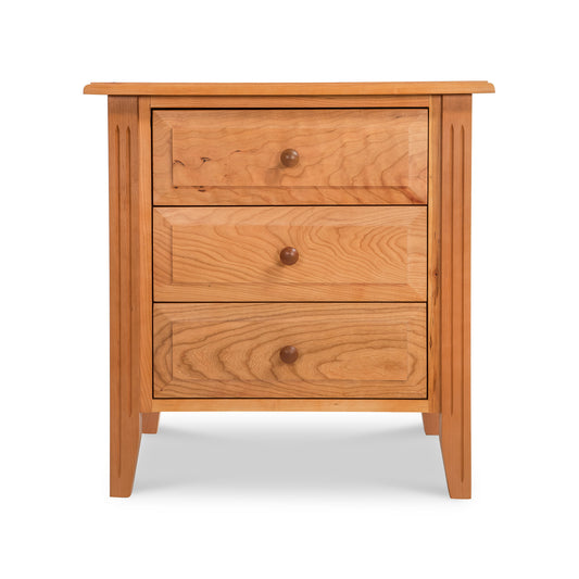 Renfrew Shaker 3-Drawer Nightstand with round knobs and straight legs, crafted from sustainable wood by Lyndon Furniture.