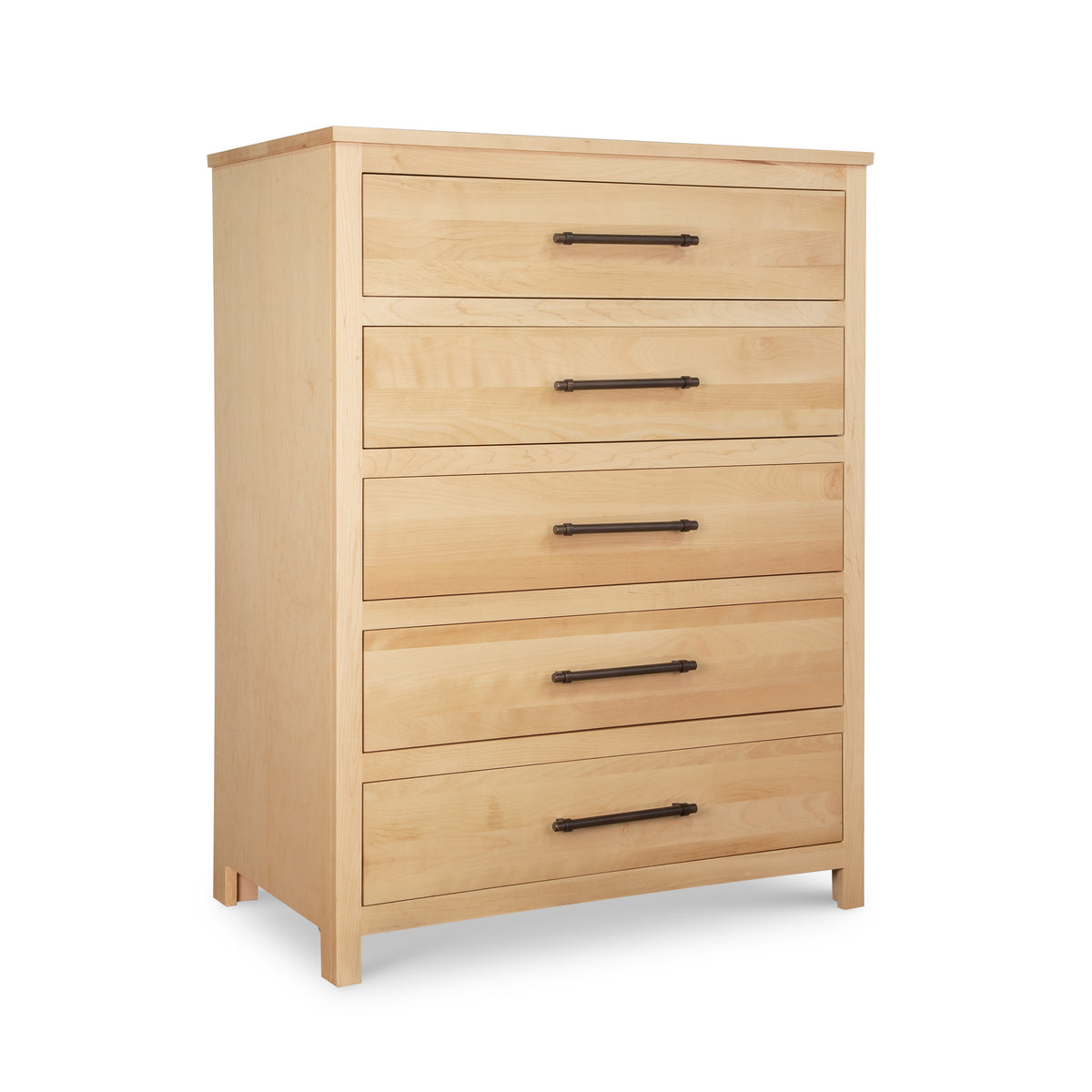 Rockingham 5-Drawer Chest by Vermont Woods Studios with modern dark metal handles and short legs, showcasing premium American made craftsmanship.