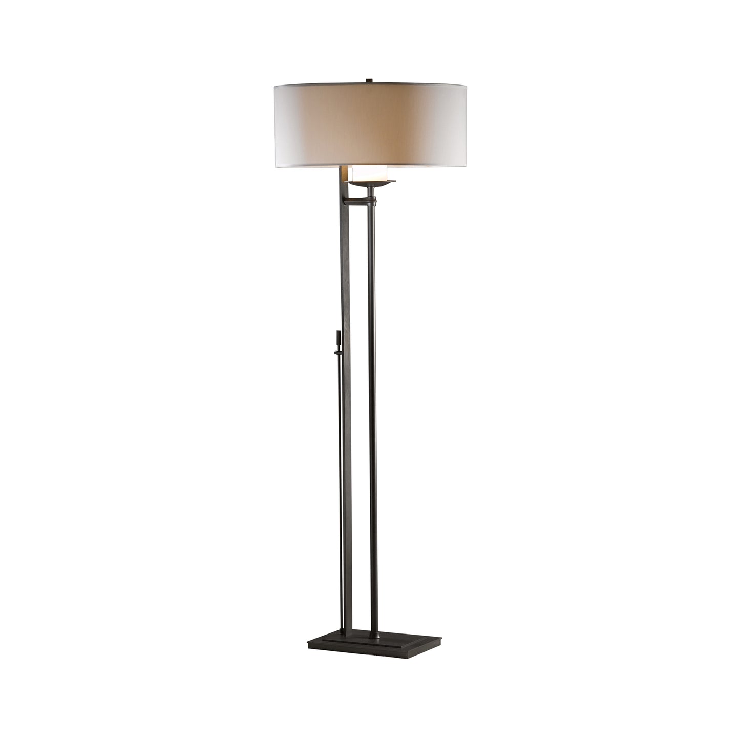 Hubbardton Forge Rook Floor Lamp: modern, handcrafted with a sleek rectangular metal base and elegant circular white lampshade.