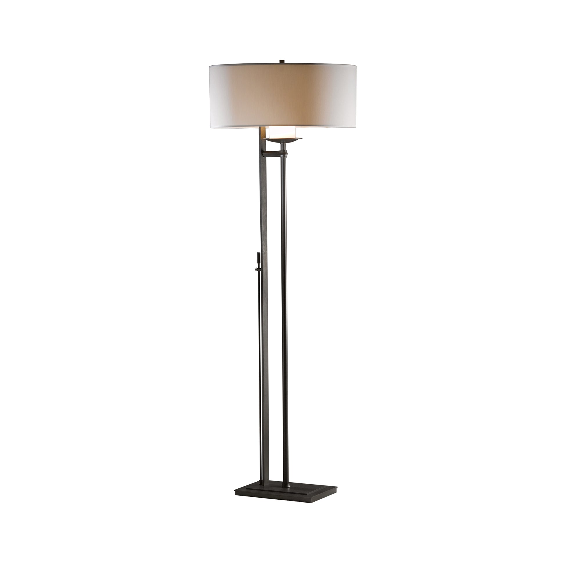 Hubbardton Forge Rook Floor Lamp: modern, handcrafted with a sleek rectangular metal base and elegant circular white lampshade.