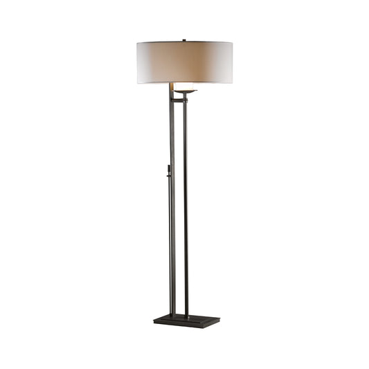Hubbardton Forge Rook Floor Lamp: modern, handcrafted with a sleek rectangular metal base and elegant circular white lampshade.