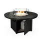 A circular black outdoor POLYWOOD Round 48" Fire Pit Table made of POLYWOOD® lumber, with a glass wind guard and visible flames, designed to house a propane tank inside its base.