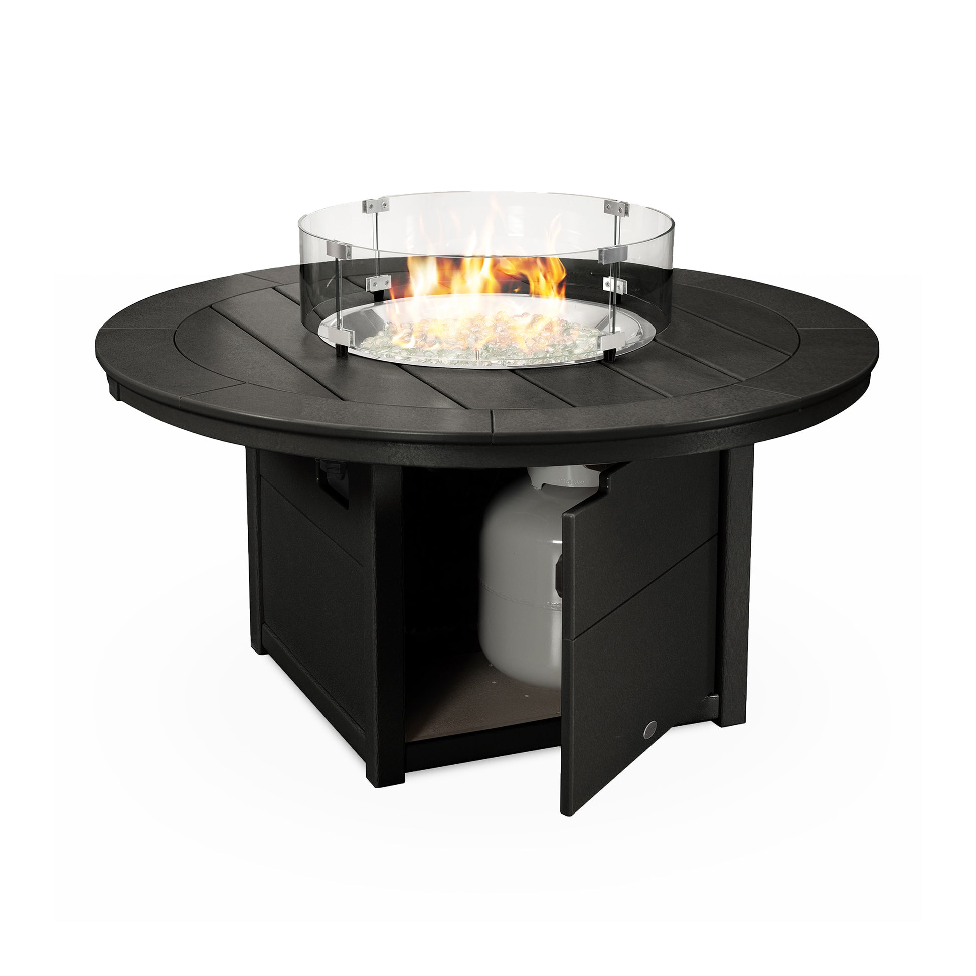 POLYWOOD Round 48" Fire Pit Table with glass wind guard and exposed propane tank compartment.