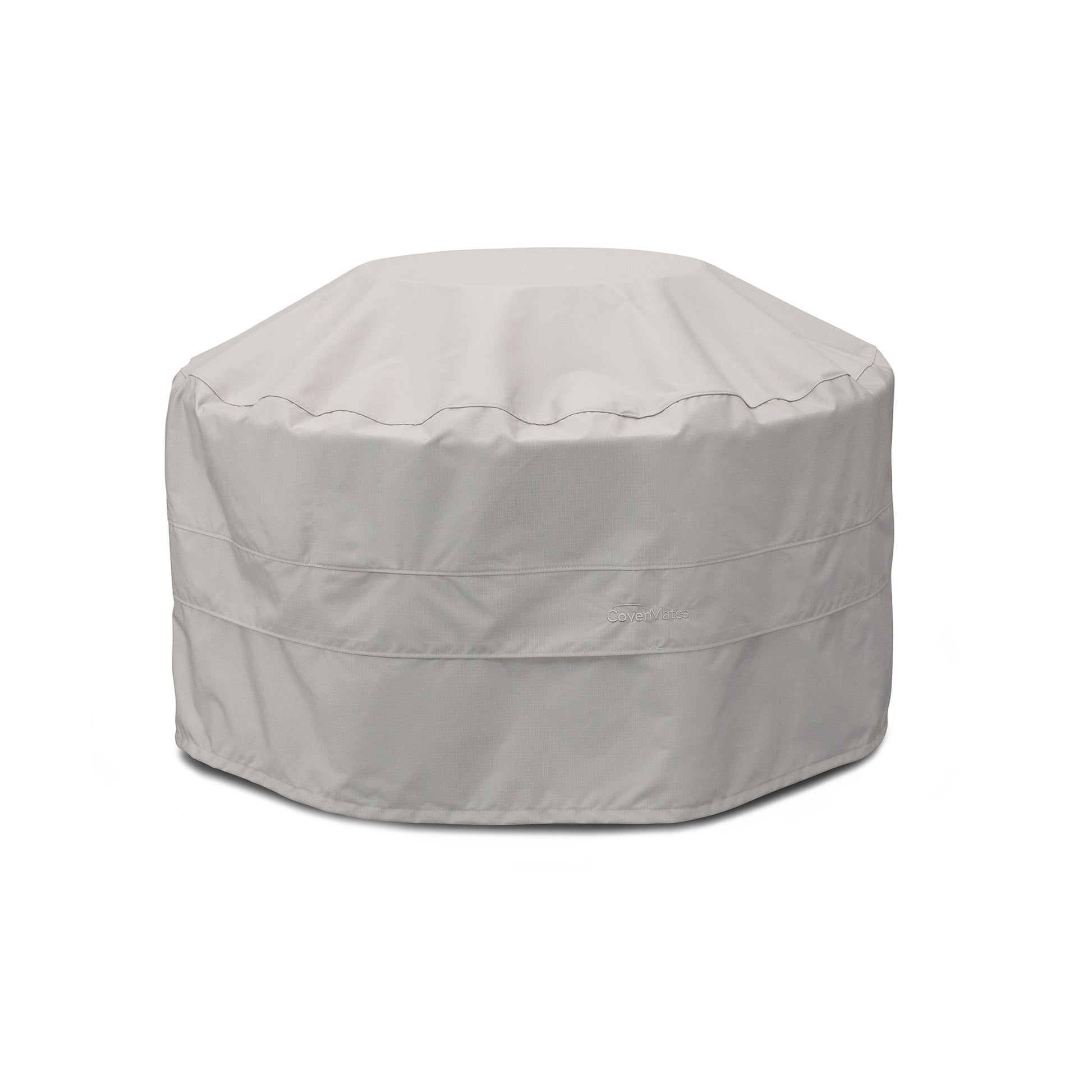 A grey, round POLYWOOD patio furniture cover on a white background. The cover is designed to protect outdoor items such as the POLYWOOD Round 48" Fire Pit Table from weather elements and features a snug fit with a rippled edge.
