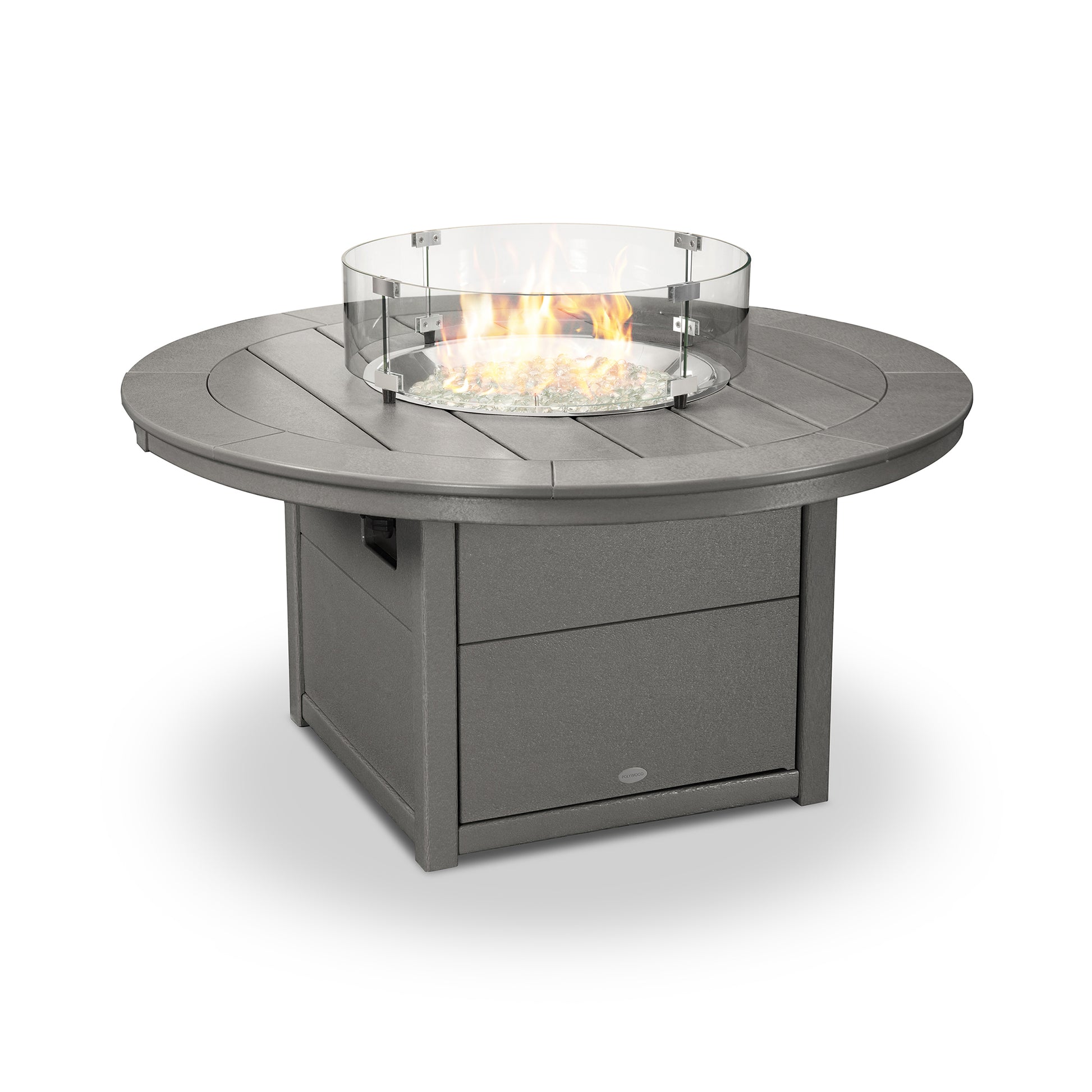 A round, gray POLYWOOD Round 48" Fire Pit Table outdoor fire pit table with a central flame under a clear glass wind guard on a plain white background.