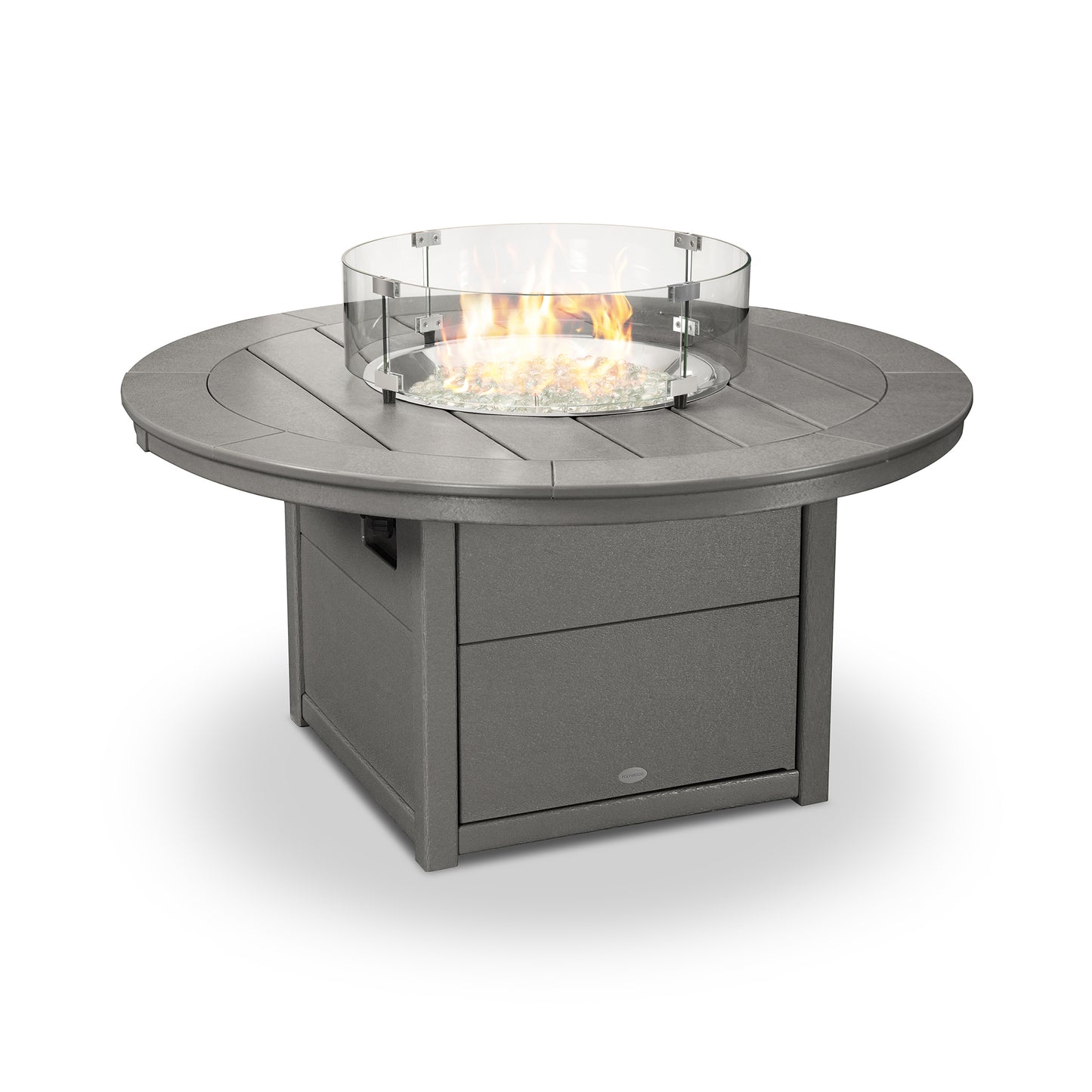 POLYWOOD Round 48" Fire Pit Table with glass guard showcasing a durable design and elegant flame centerpiece.