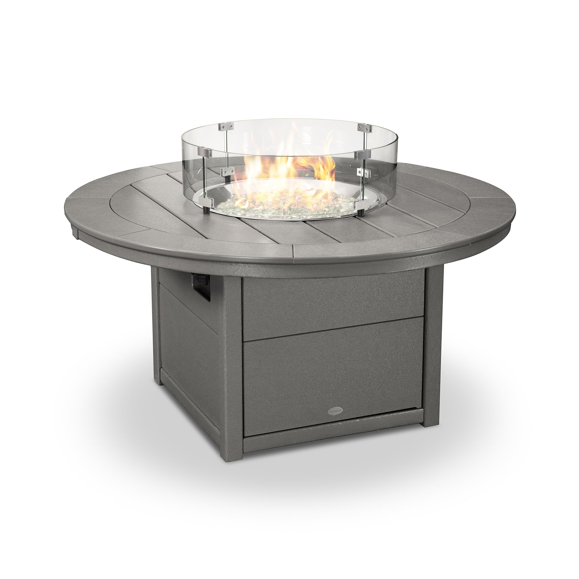 POLYWOOD Round 48" Fire Pit Table with glass guard showcasing a durable design and elegant flame centerpiece.