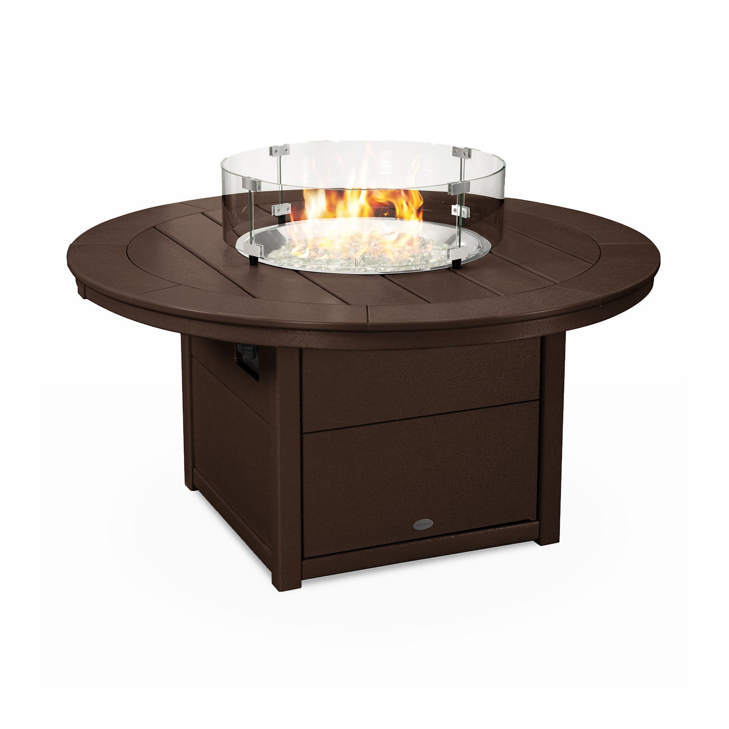 A round, brown POLYWOOD outdoor propane tank fire pit table with flames at the center, surrounded by a clear glass wind guard, set on a white background.