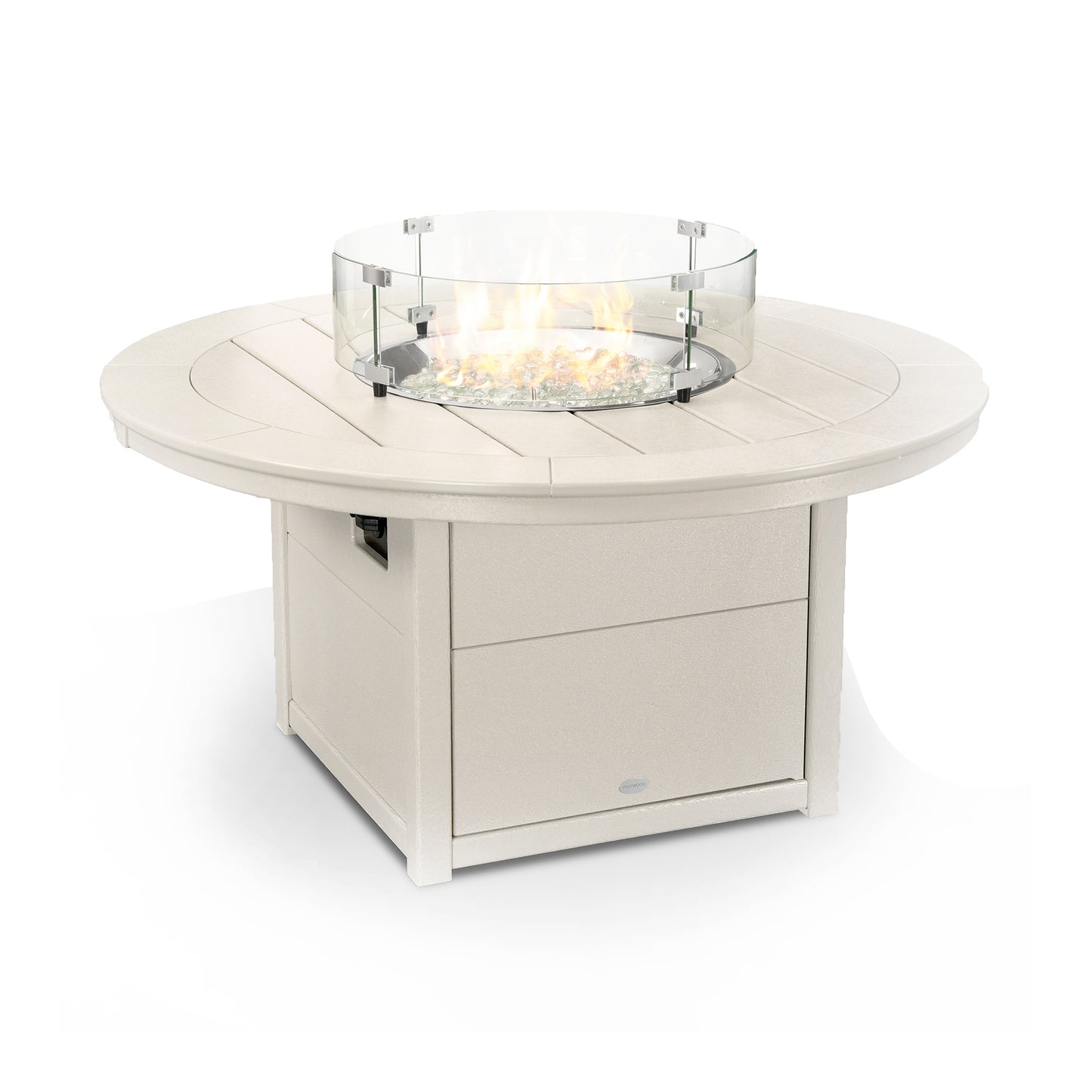 A round, beige POLYWOOD® Round 48" Fire Pit Table with a glass wind guard and decorative pebbles visible through the glass, set against a white background.