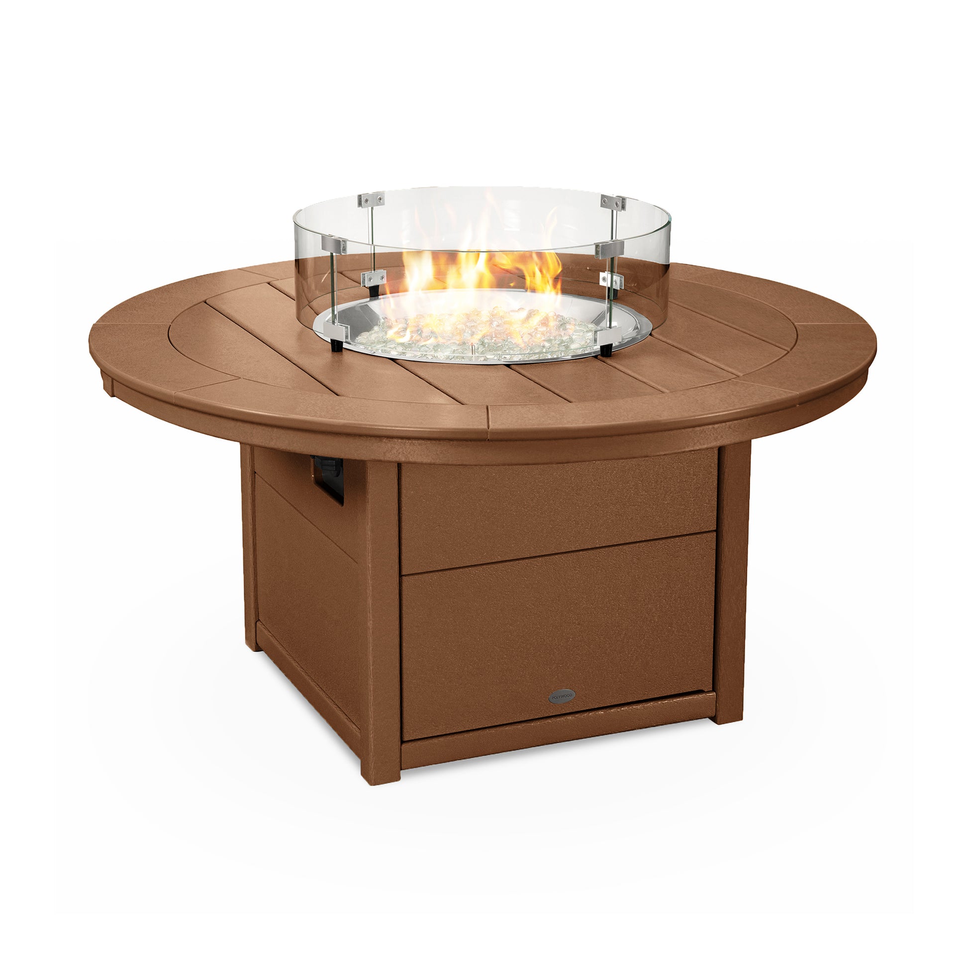 POLYWOOD Round 48" Fire Pit Table showcasing durable craftsmanship with glass wind guard and lively flames.