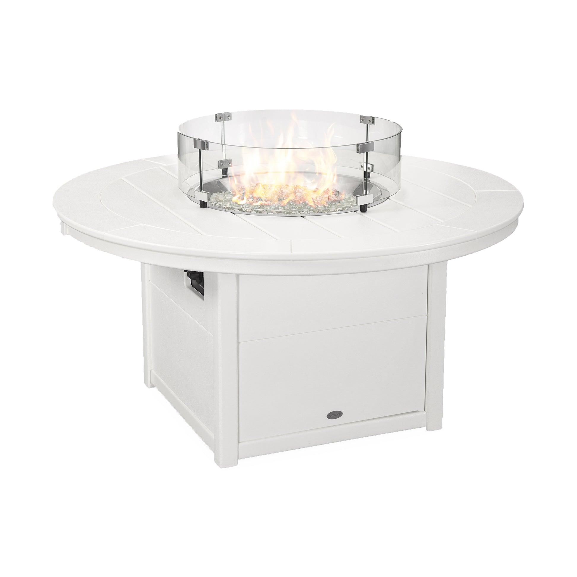 A circular white outdoor POLYWOOD Round 48" fire pit table with a visible flame under a glass wind guard, made from durable POLYWOOD lumber, featuring a lower cabinet and a flat table surface surrounding the fire area.
