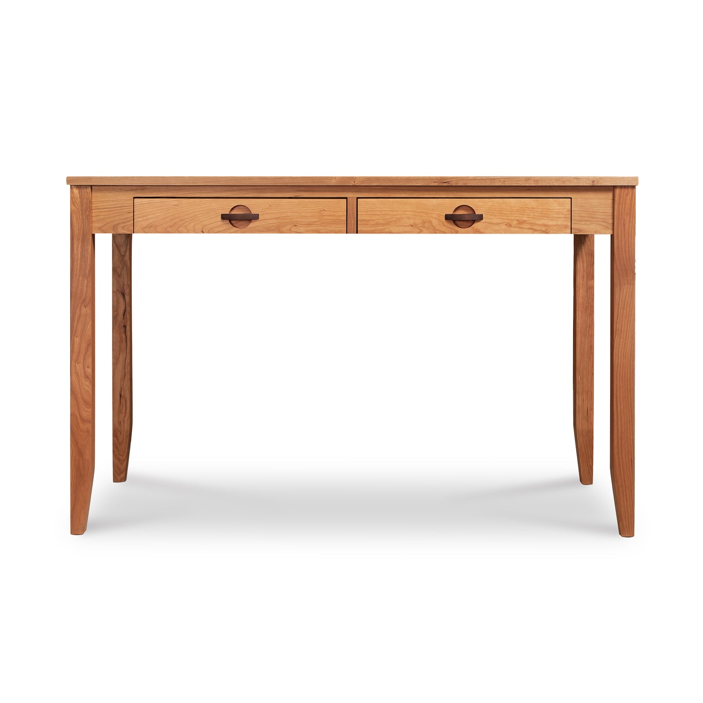 Handcrafted Ryegate Writing Desk by Maple Corner Woodworks featuring solid wood construction, two drawers, and round handles.
