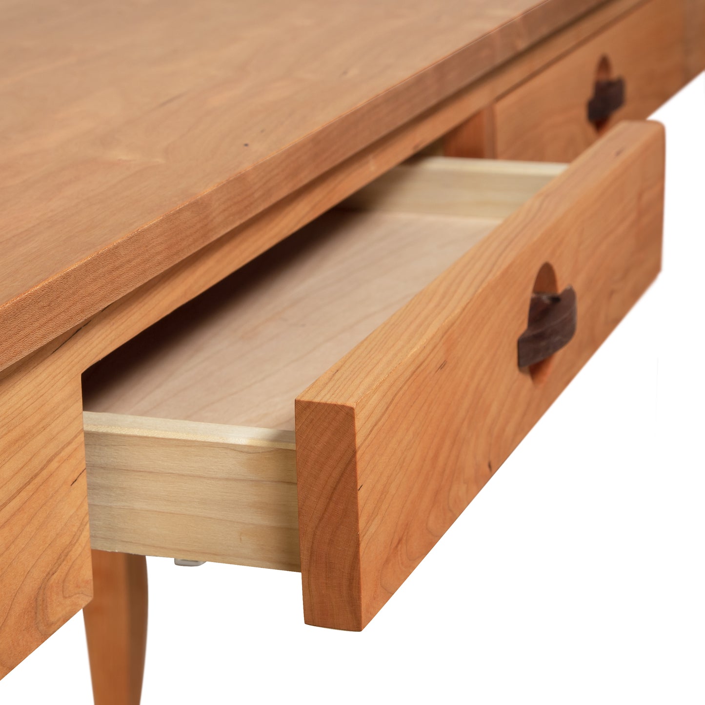Ryegate Writing Desk by Maple Corner Woodworks; handcrafted in Vermont with solid wood, highlighting an open drawer and minimalist handle design.