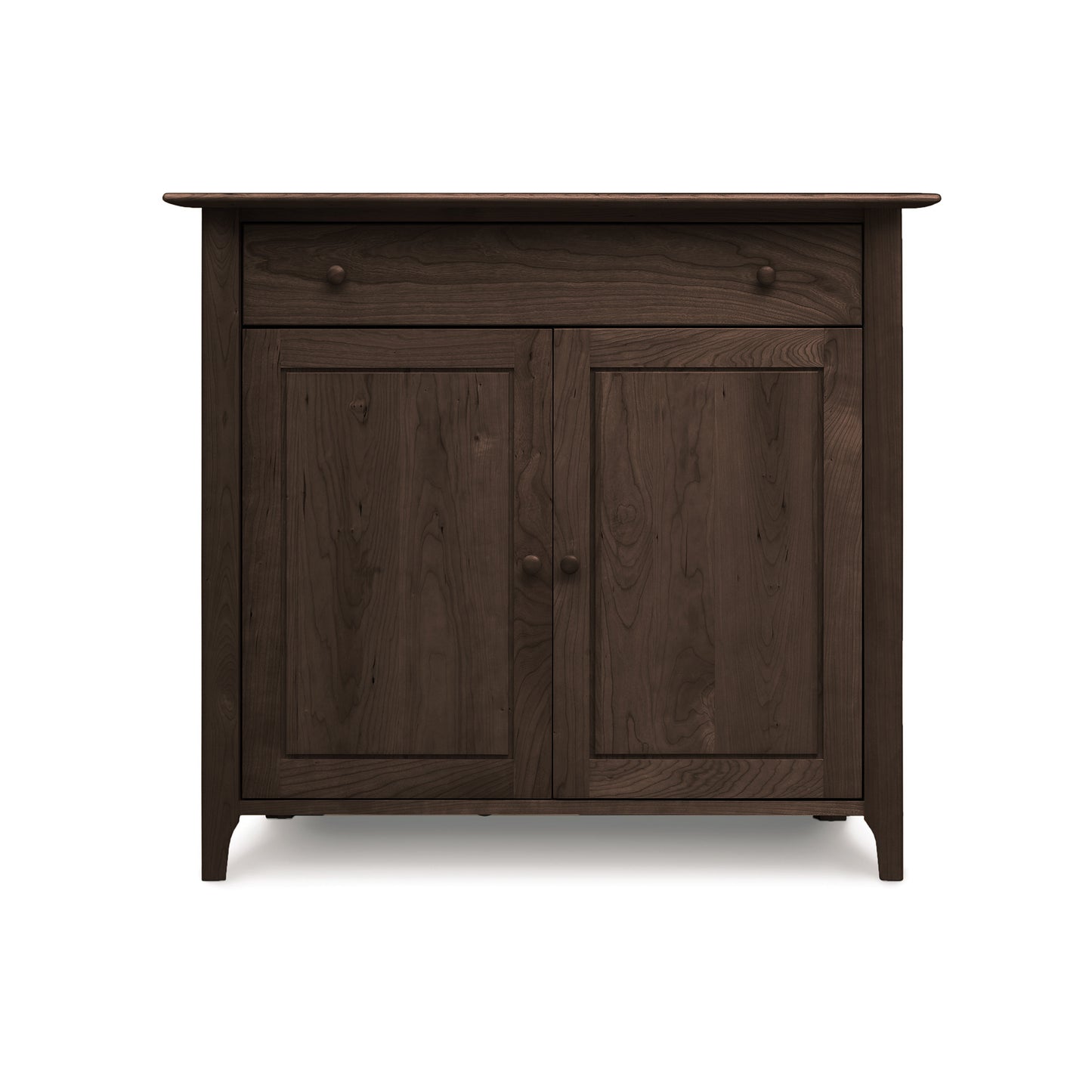 Copeland Furniture Sarah buffet with dark wood finish, one drawer, two doors, round knobs, and a large flat top for serving or display.