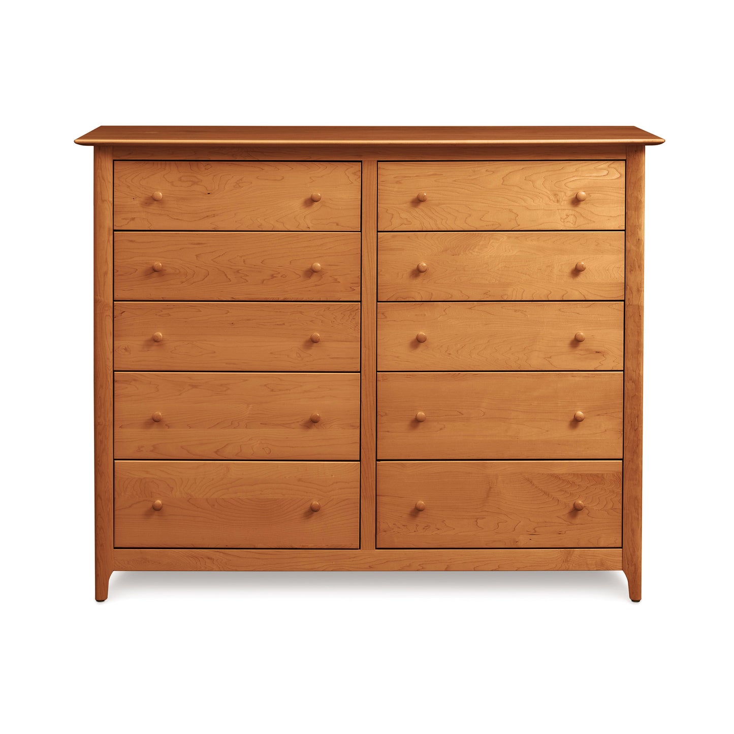 Sarah 10-Drawer Dresser by Copeland Furniture in Shaker-style design, crafted from eco-friendly wood with round knobs.