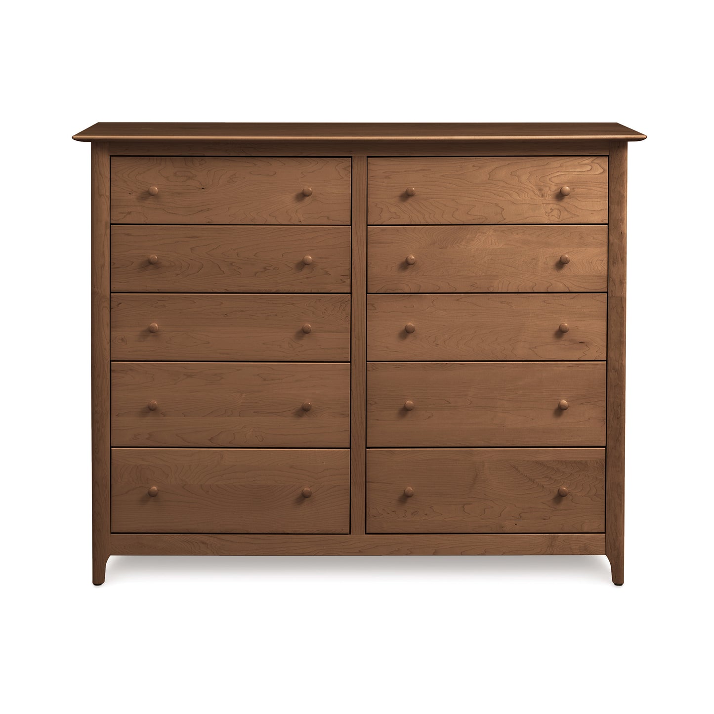 Shaker-style Sarah 10-drawer dresser by Copeland Furniture, crafted in eco-friendly wood with round knobs, a polished finish, and short legs.