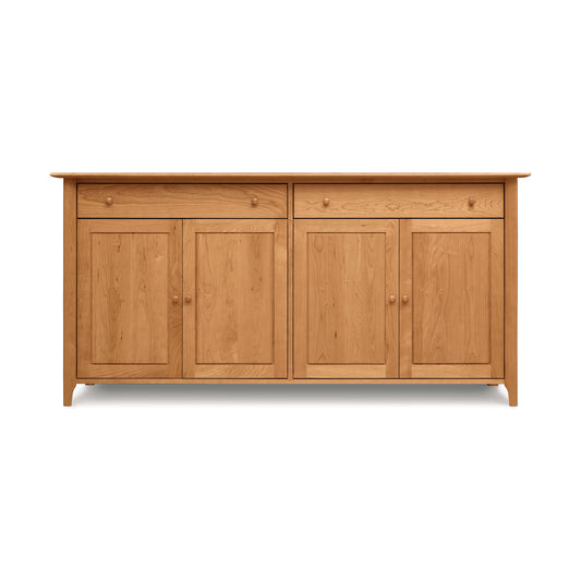 A luxury buffet Sarah 2-Drawer, 4-Door Buffet from the Copeland Furniture Collection with three cabinet doors against a plain background.