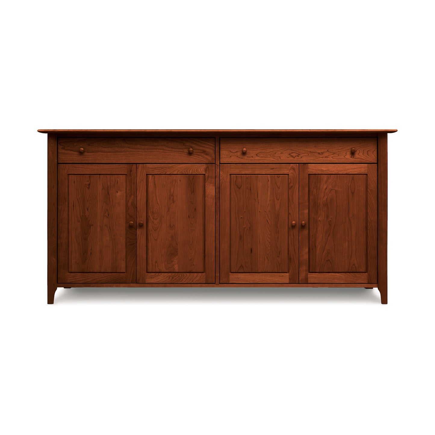 A luxury buffet sideboard from the Copeland Furniture Sarah 2-Drawer, 4-Door Buffet Collection, with three doors and a smooth top, against a white background.