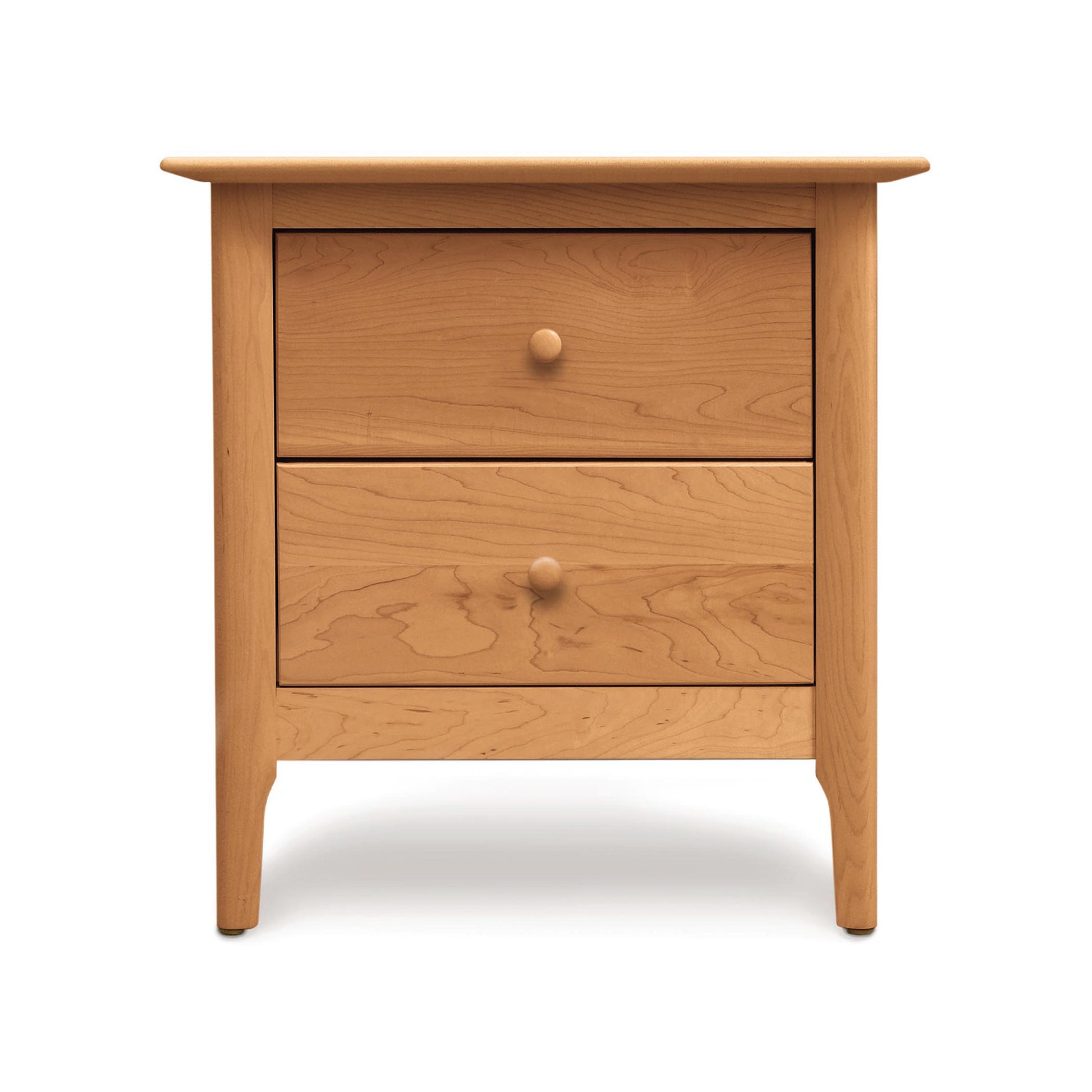 A Sarah two-drawer nightstand from Copeland Furniture, crafted from sustainable harvested wood, in a simple design isolated on a white background.