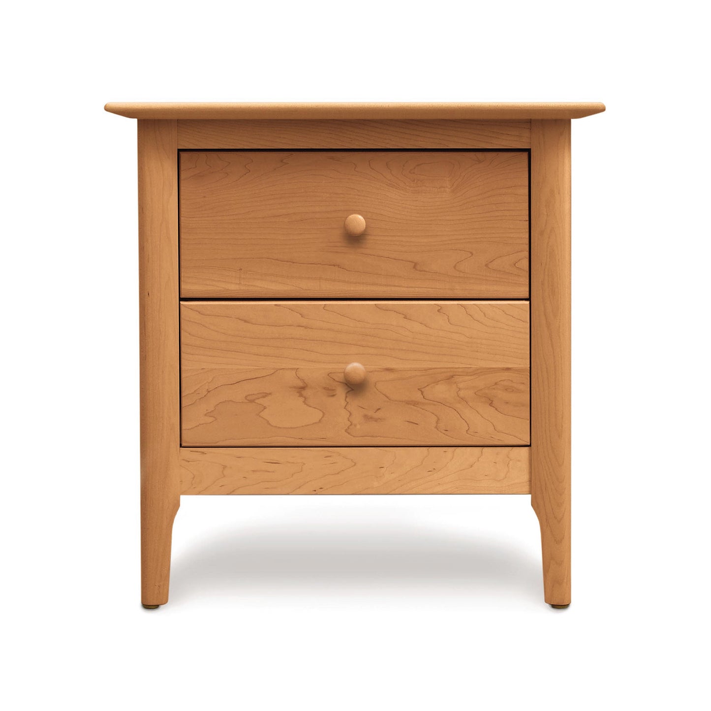 Sarah 2-Drawer Nightstand by Copeland Furniture with Shaker-style design, round knobs, eco-friendly wood, tapered legs, and light brown finish.