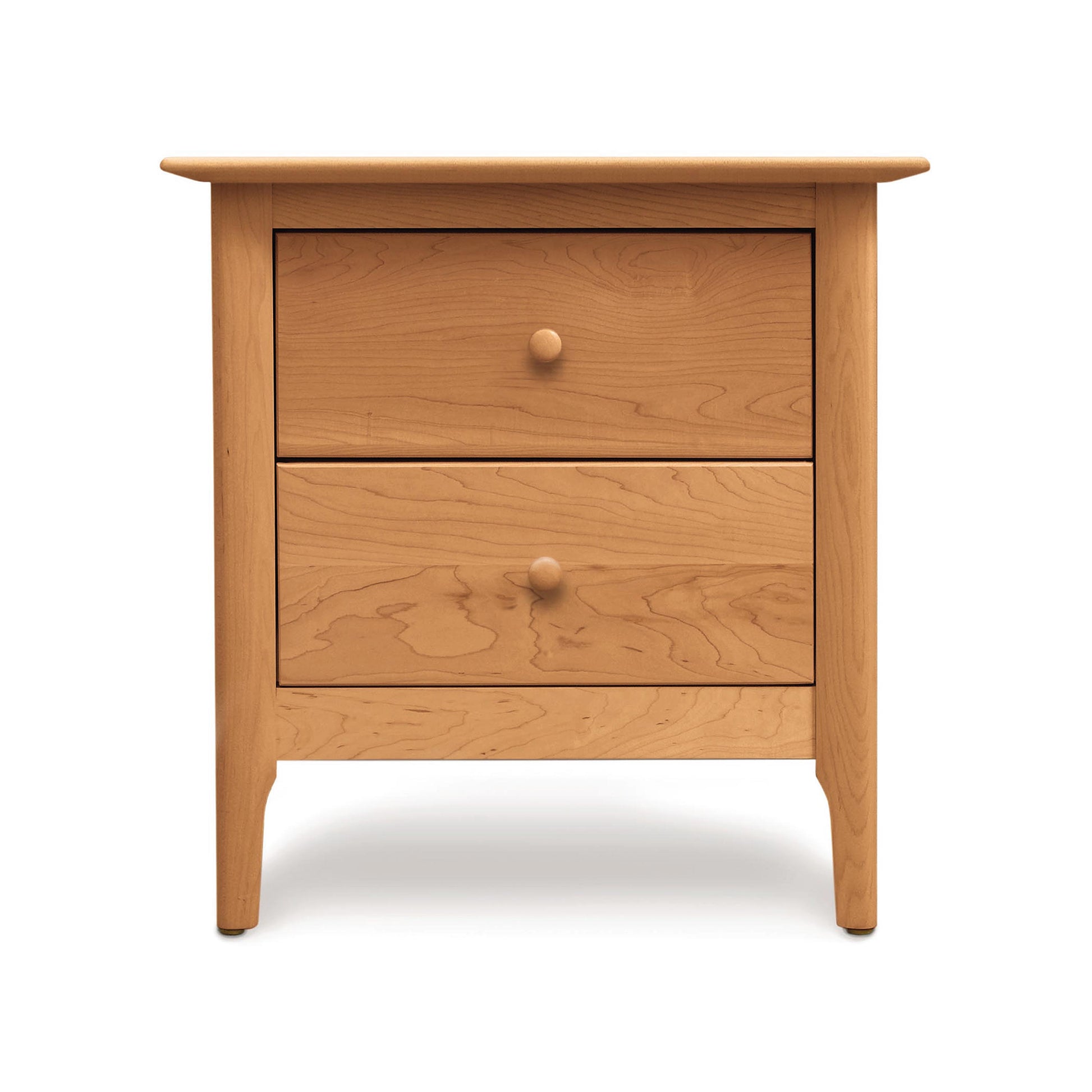 Sarah 2-Drawer Nightstand by Copeland Furniture with Shaker-style design, round knobs, eco-friendly wood, tapered legs, and light brown finish.