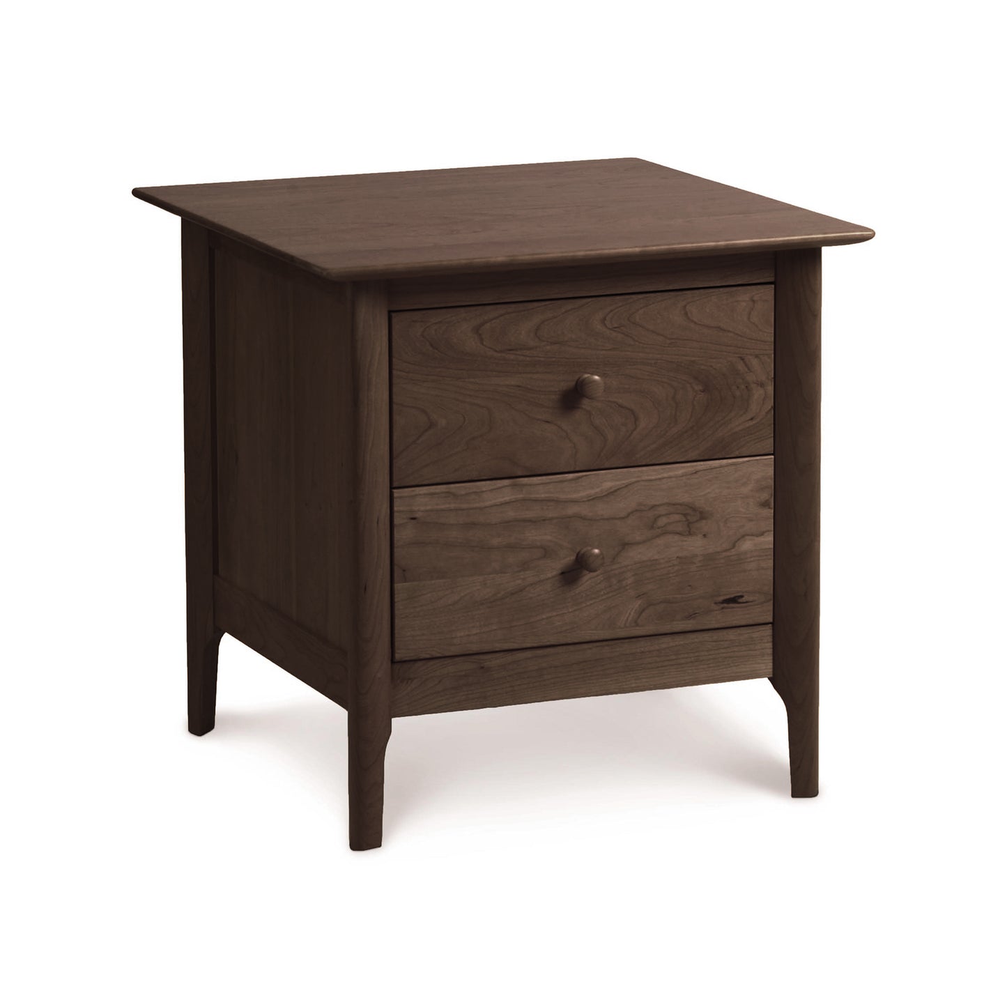 An eco-friendly hardwood Sarah 2-Drawer Nightstand by Copeland Furniture isolated on a white background.