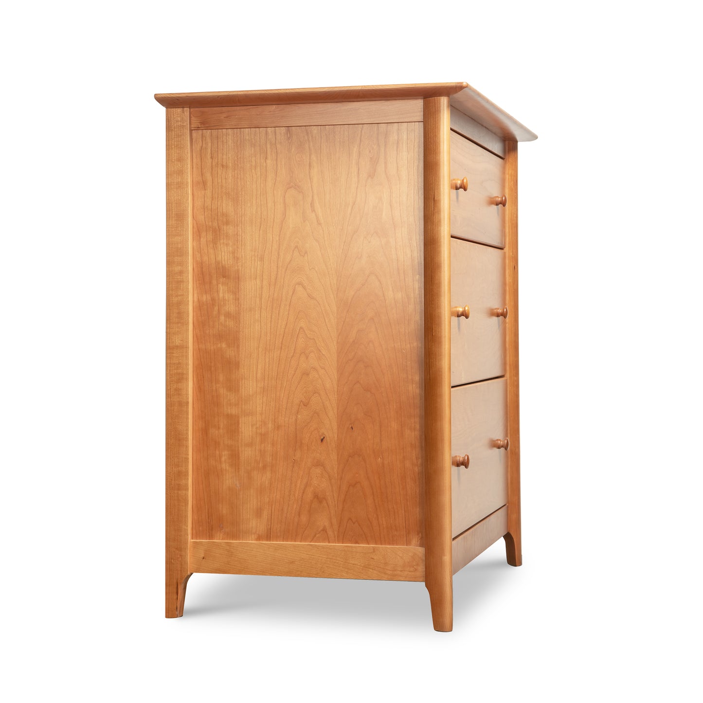 Copeland Furniture Sarah 3-Drawer Chest crafted from solid wood with round knobs, showcasing its elegant side profile.