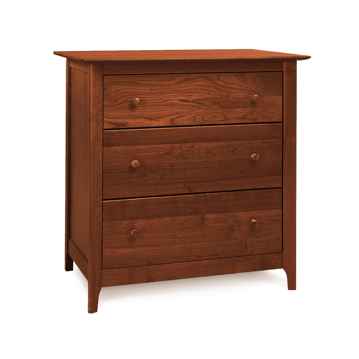 A handmade Sarah 3-Drawer Chest of natural cherry wood, designed by Copeland Furniture, stands against a plain white background.